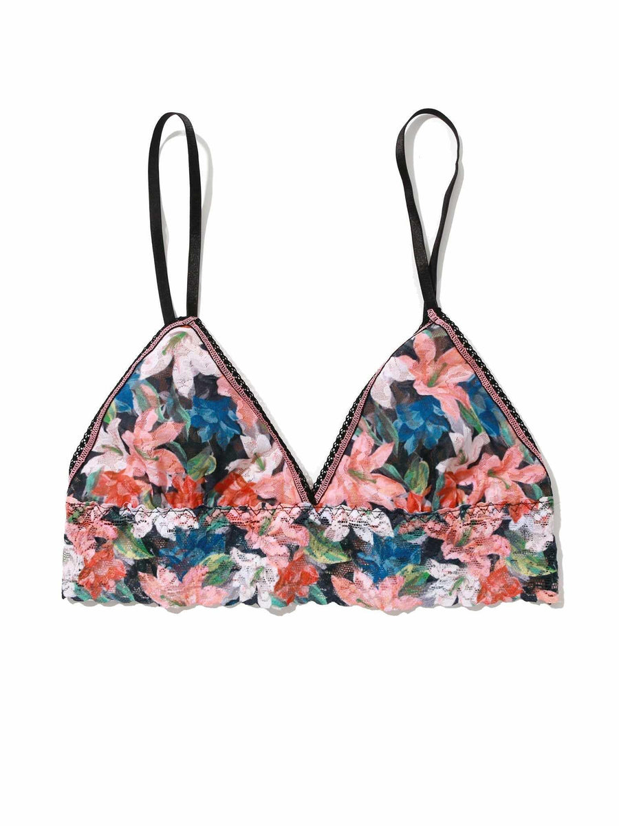 Floral Print Signature Lace® Padded Triangle Bralette Wonderous Black - Flat Lay, Scalloped Lace Hem Detail | Hanky Panky
