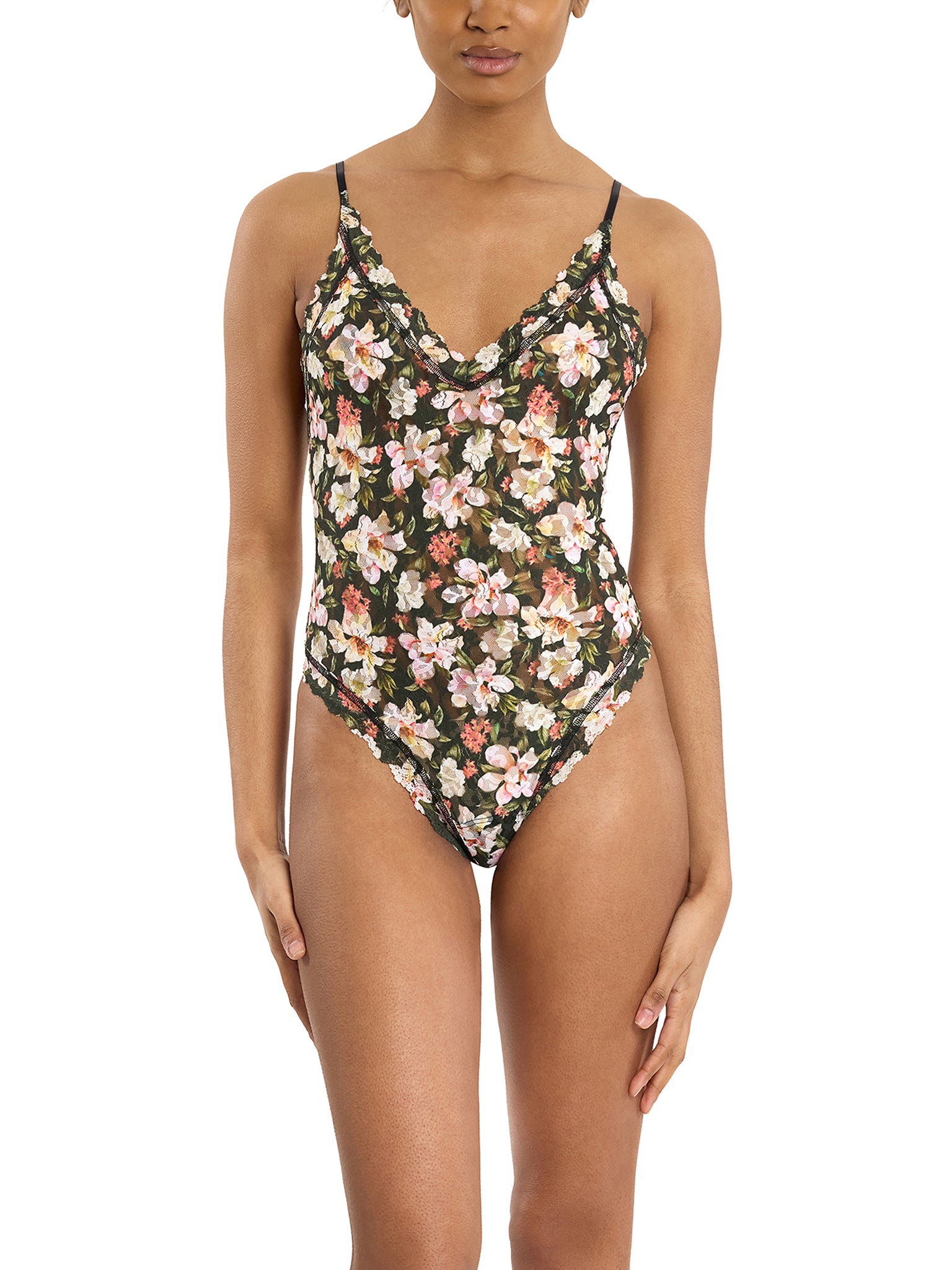 Printed Signature Lace® Thong Back Bodysuit Dark Room Blooms - Front On Model | Hanky Panky