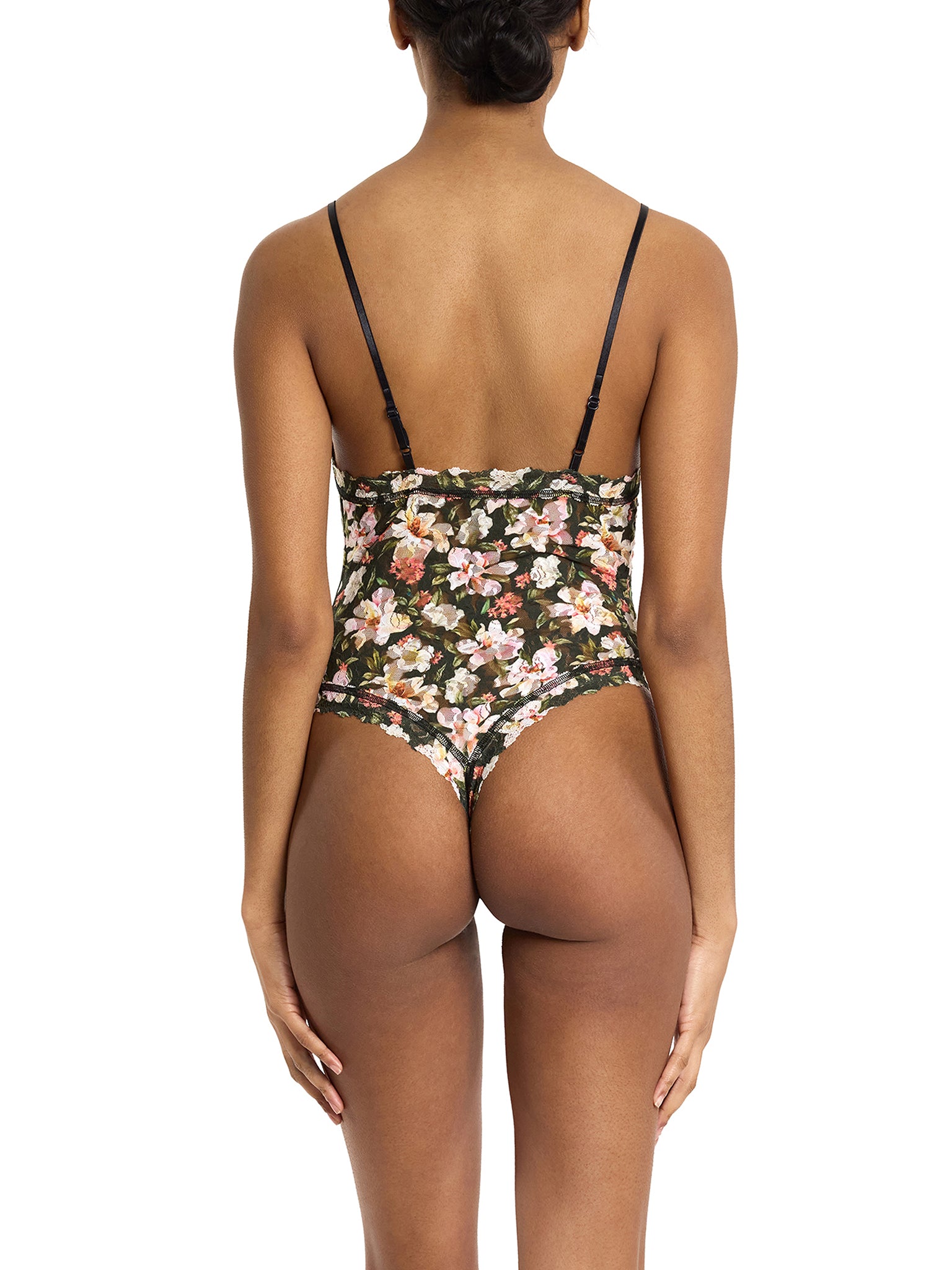 Printed Signature Lace® Thong Back Bodysuit Dark Room Blooms - Thong Back On Model | Hanky Panky
