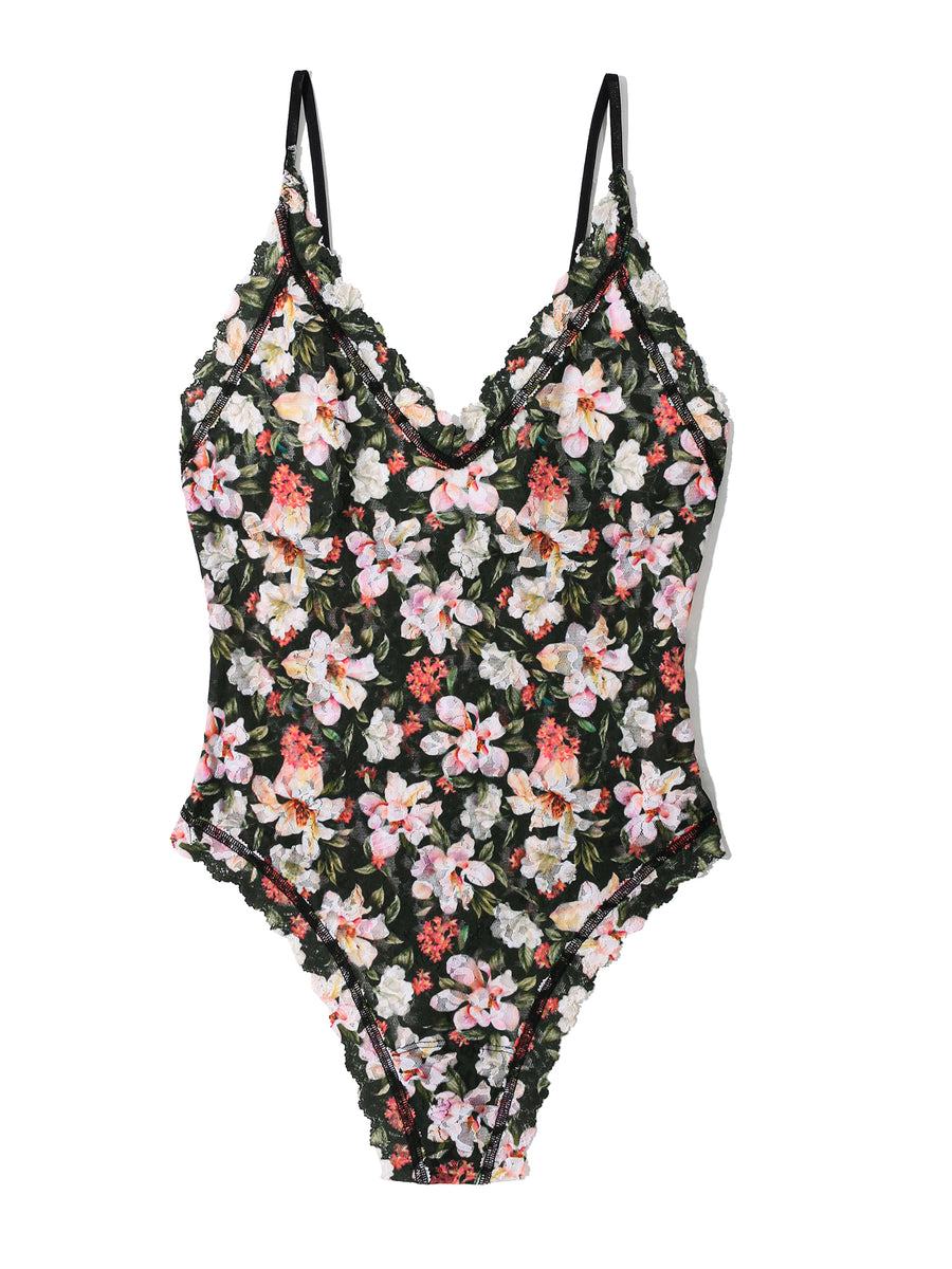 Printed Signature Lace® Thong Back Bodysuit Dark Room Blooms - Floral Lace Flat Lay | Hanky Panky