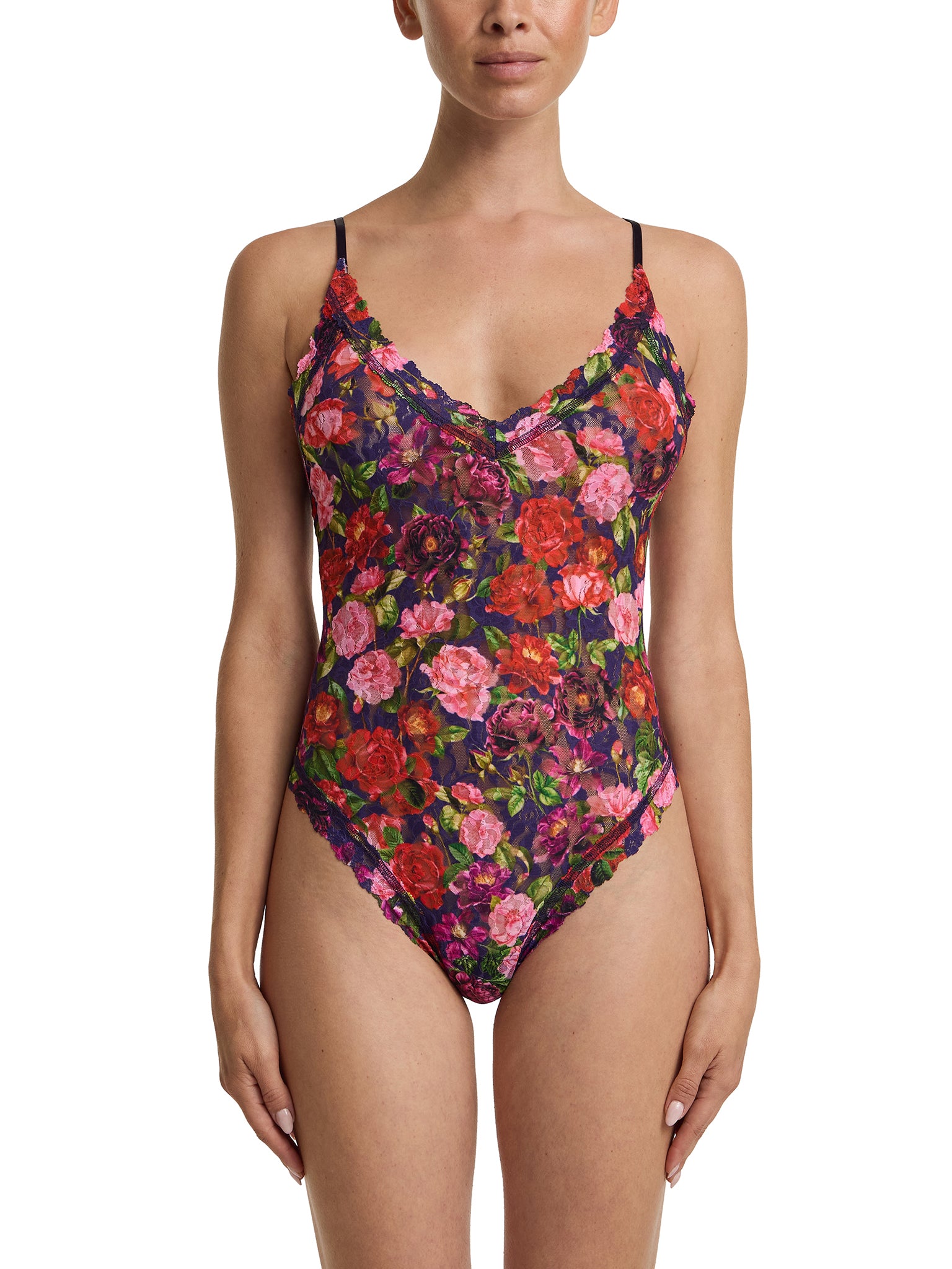 Winters Tale Floral Printed Signature Lace® Thong Back Bodysuit - Full Front View On Model | Hanky Panky