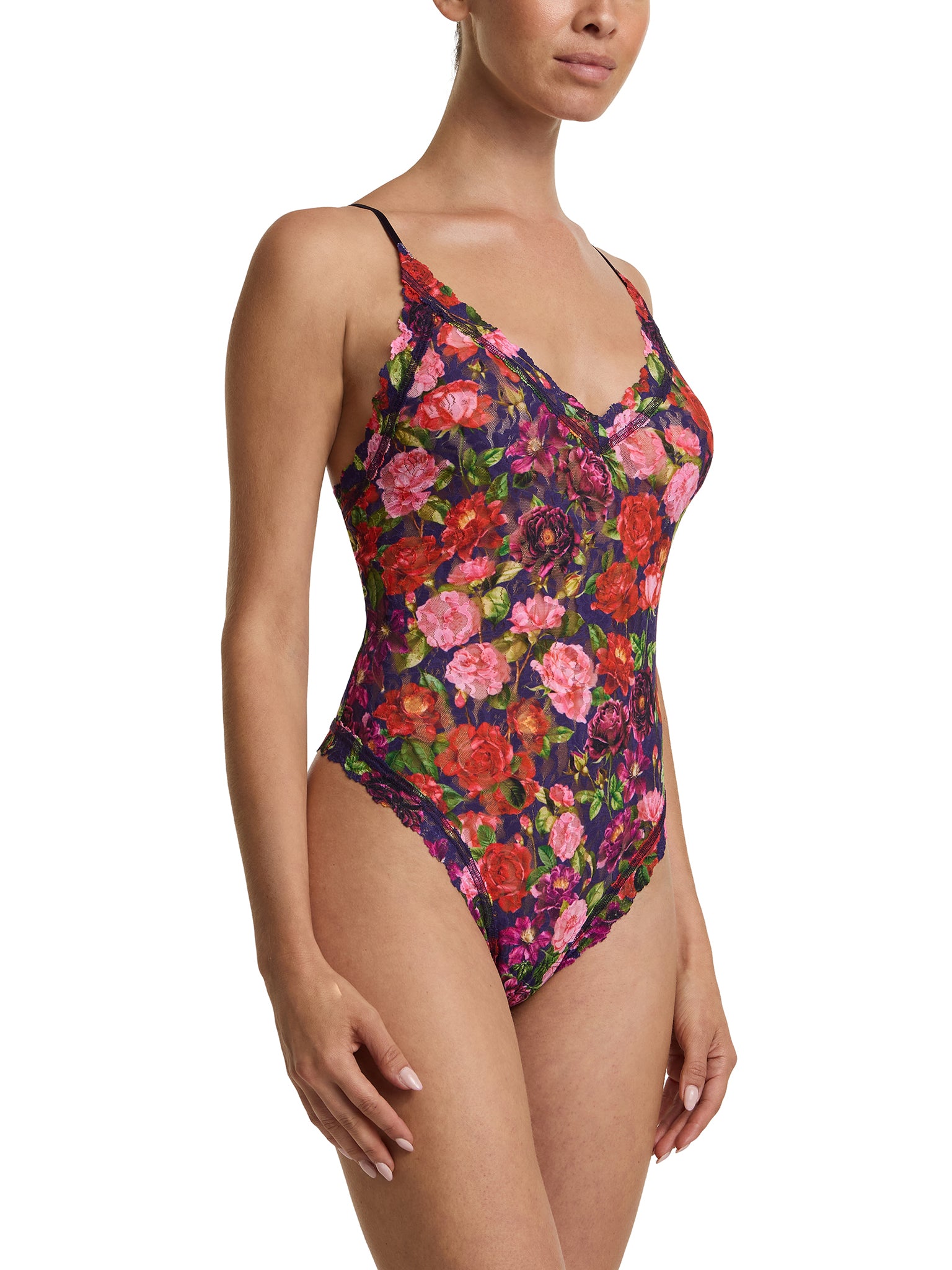 Winters Tale Floral Printed Signature Lace® Thong Back Bodysuit - Three-Quarter Front On Model with Chair | Hanky Panky