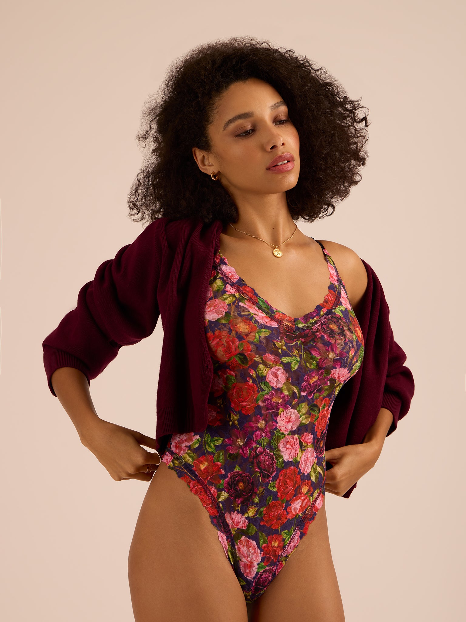 Winters Tale Floral Printed Signature Lace® Thong Back Bodysuit - Flat Lay Front Product Shot | Hanky Panky