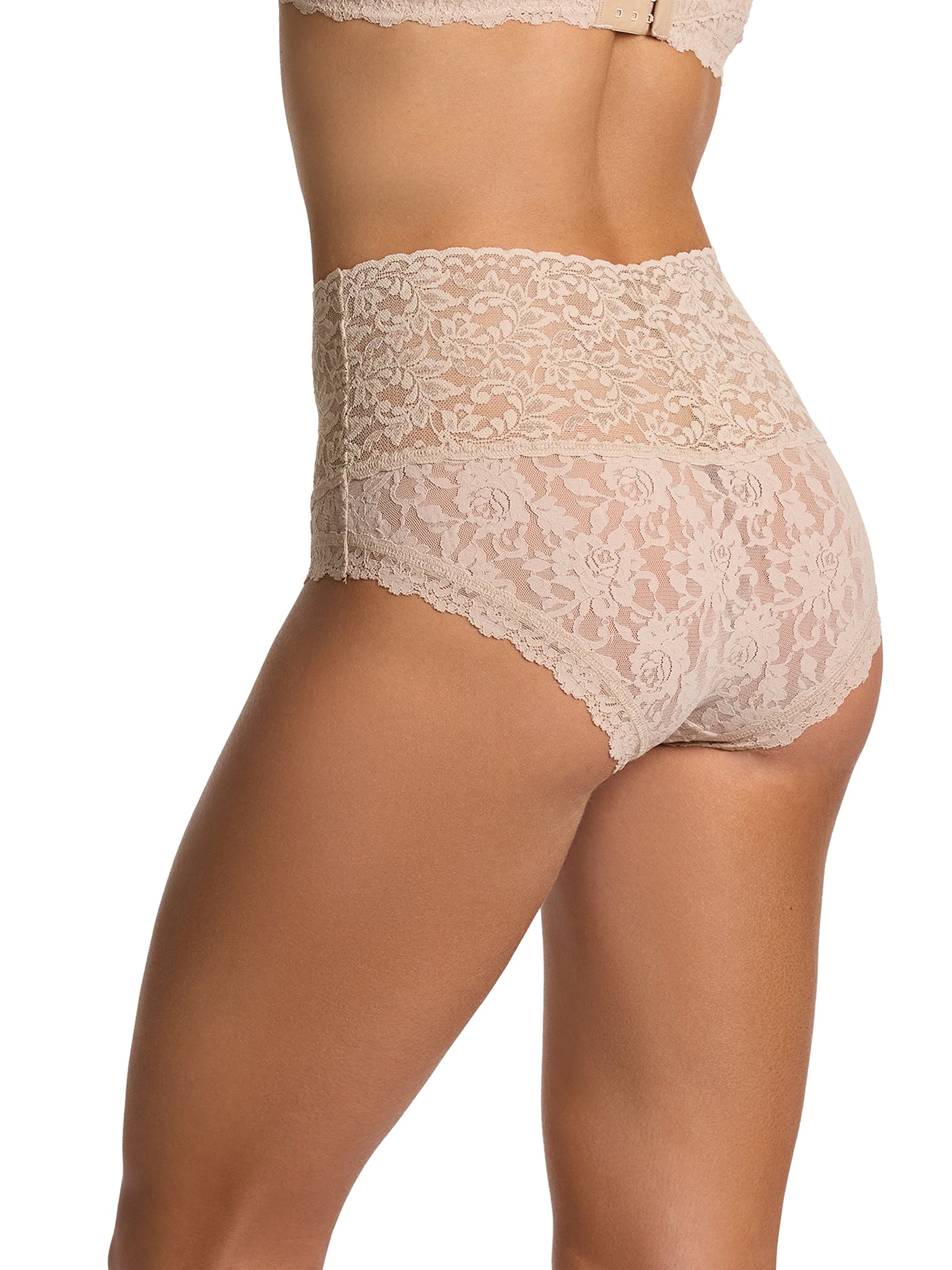 Chai Retro Lace Boyshort - Side Angle On Model Showing Wide Lace Waistband | Hanky Panky