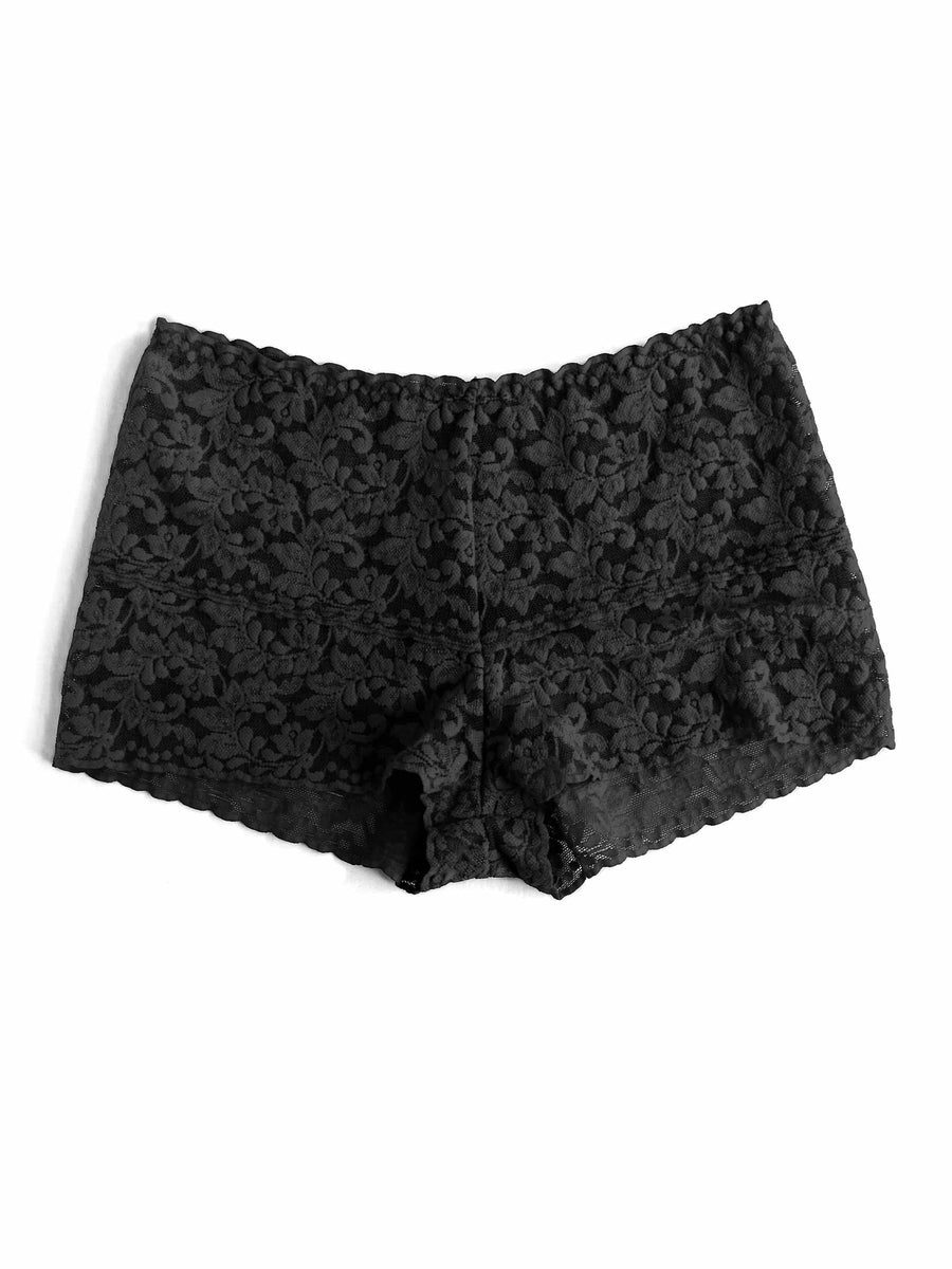 Black Retro Lace Hot Pant - Flat Lay Front View, Floral Stretch Lace | Hanky Panky