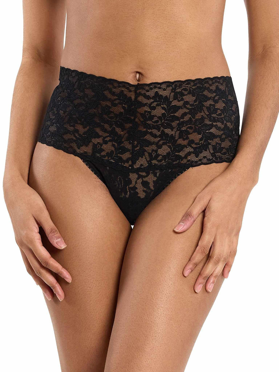 Black Retro Lace Thong High Rise Wide Waistband - Front View On Model | Hanky Panky