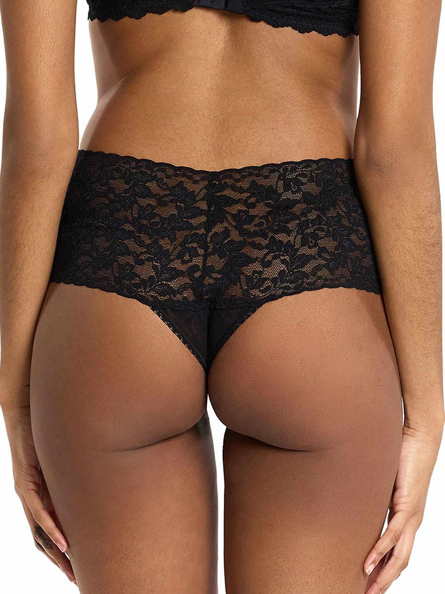 Black Retro Lace Thong Floral Stretch Lace Wide Waistband - Back View On Model | Hanky Panky