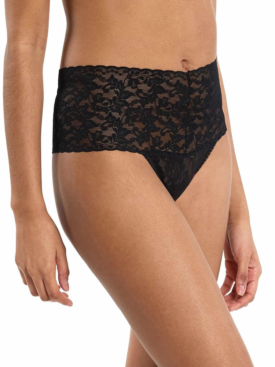 Black Retro Lace Thong High Rise Scalloped Waistband - Front Three-Quarter View On Model | Hanky Panky