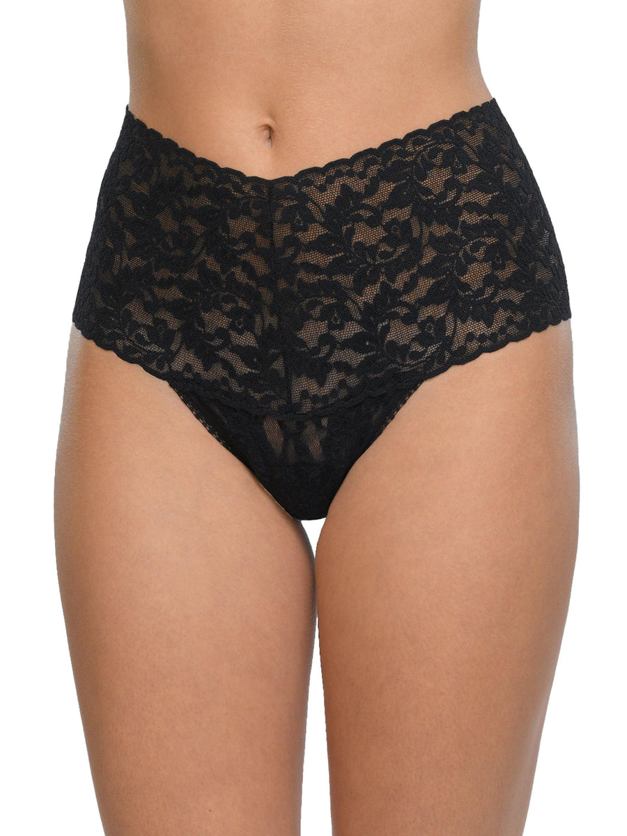 Black Retro Lace Thong High Rise Wide Waistband - Flat Lay Front | Hanky Panky