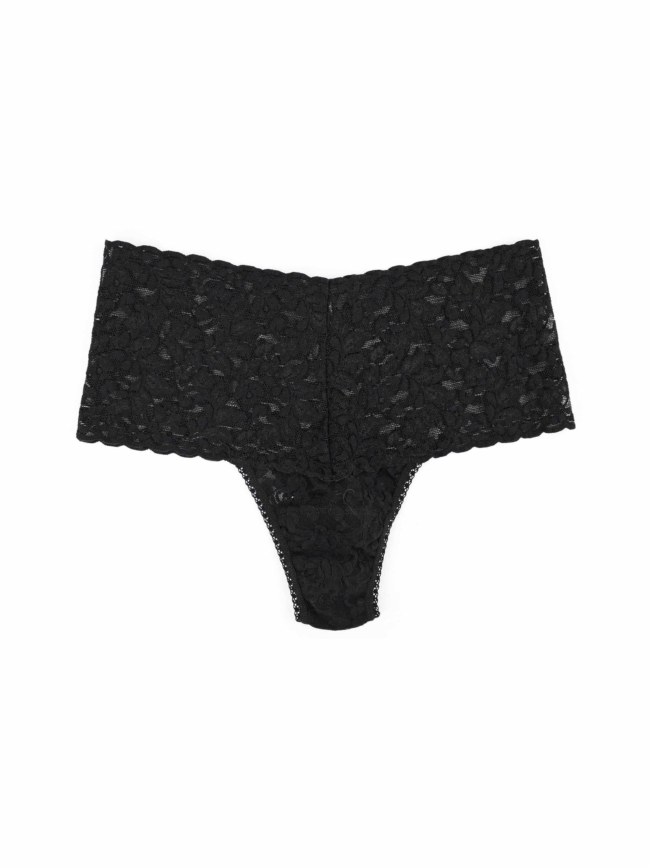 Black Retro Lace Thong Floral Lace Detail Scalloped Waistband - Flat Lay Back | Hanky Panky
