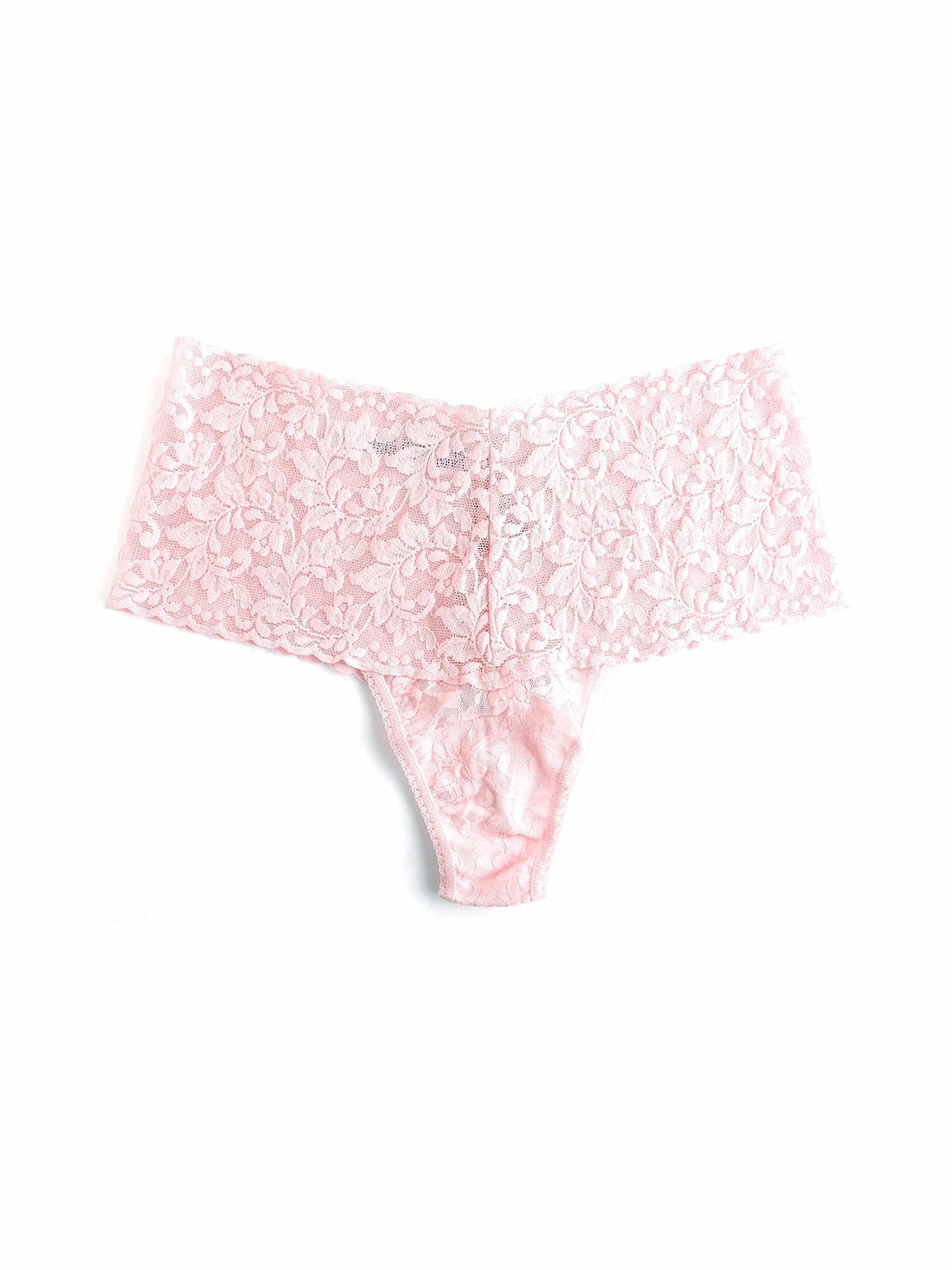 Bliss Pink Retro Lace Thong - Flat Lay Back View, Wide Floral Lace Waistband Detail | Hanky Panky