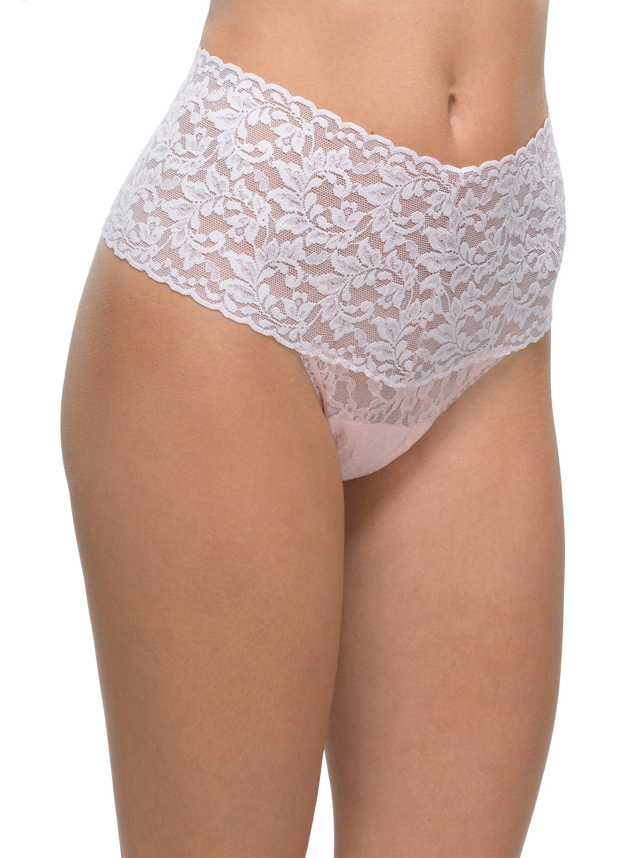 Bliss Pink Retro Lace Thong - On Model Side View, High Rise Scalloped Lace Waistband Detail | Hanky Panky