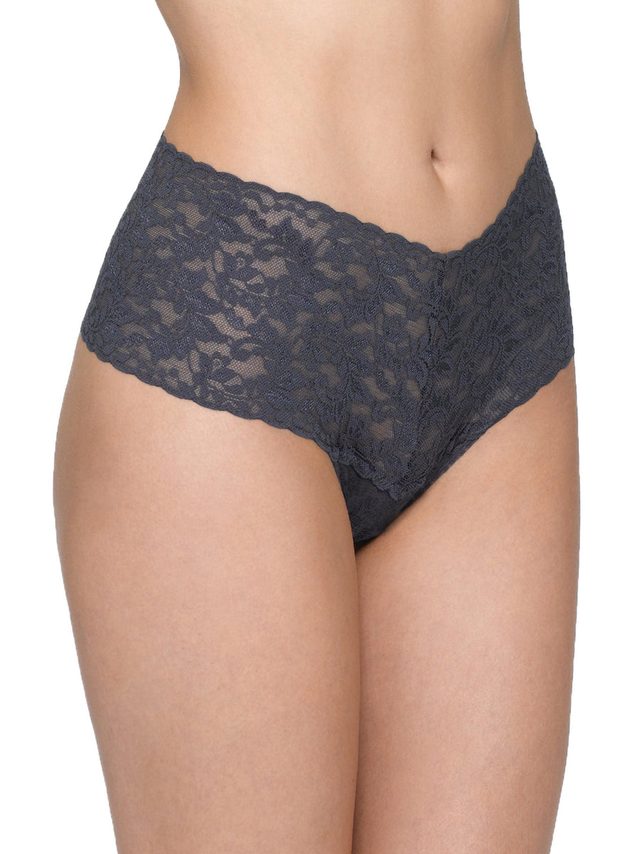 Granite Grey Retro Lace High Rise Thong - On Model Front Angle | Hanky Panky