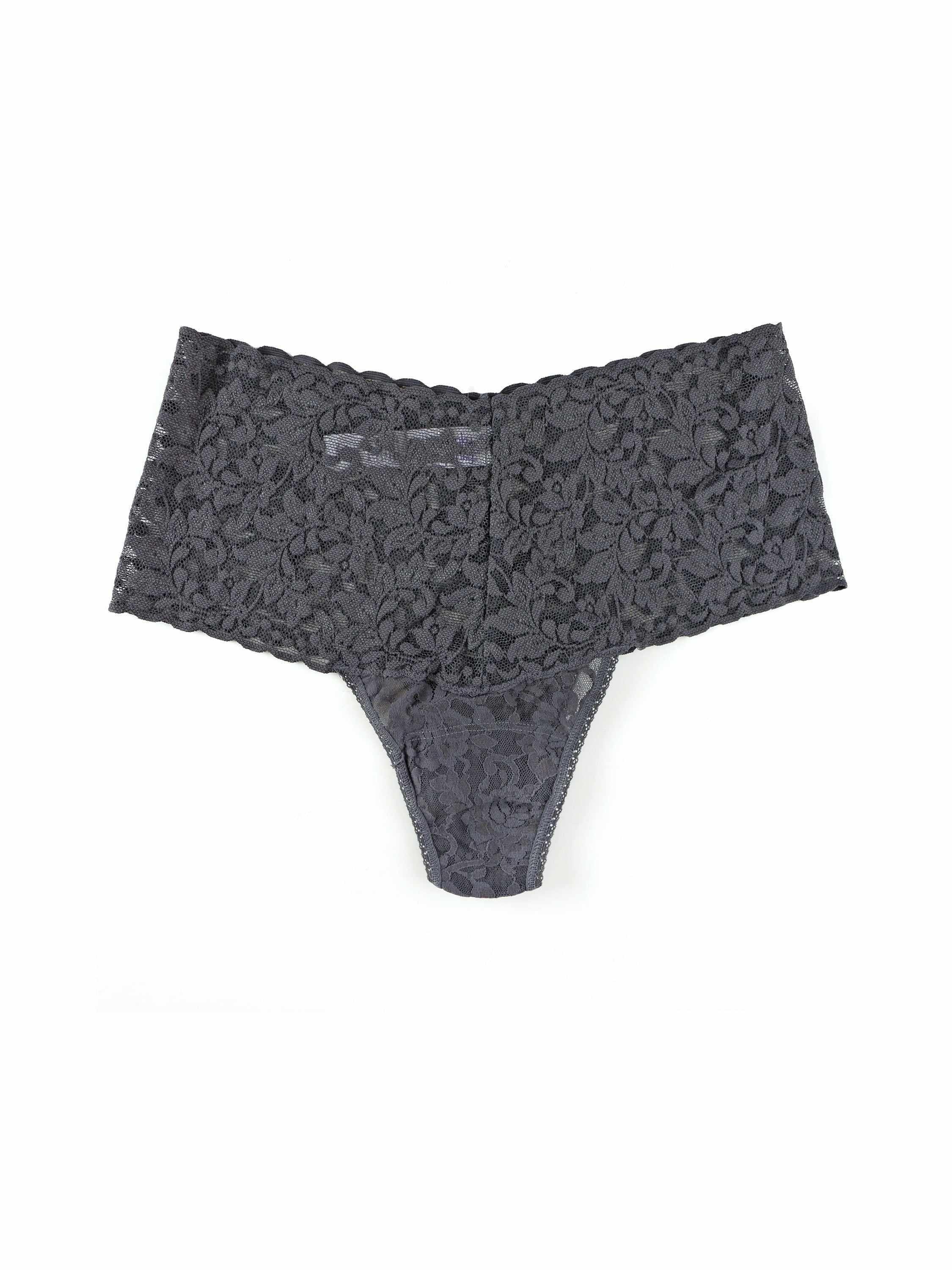 Granite Grey Retro Lace High Waist Thong Wide Waistband - Flat Lay Front | Hanky Panky