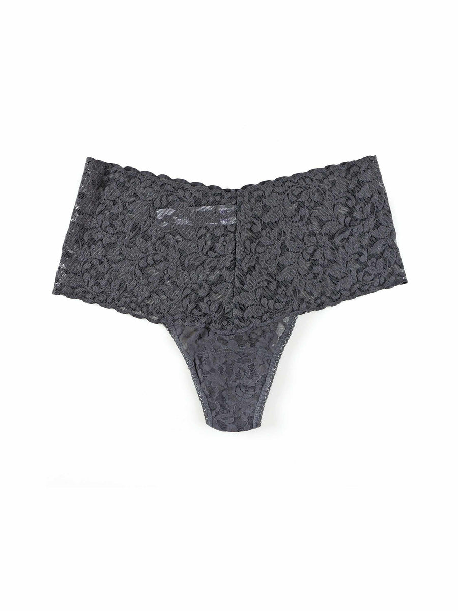 Granite Grey Retro Lace High Waist Thong Wide Waistband - Flat Lay Front | Hanky Panky
