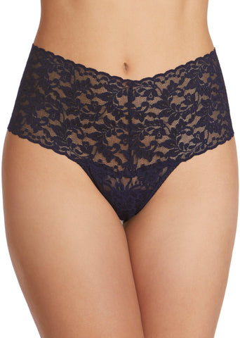 Navy Retro Lace High Rise Thong - Front View On Model, Wide Waistband | Hanky Panky