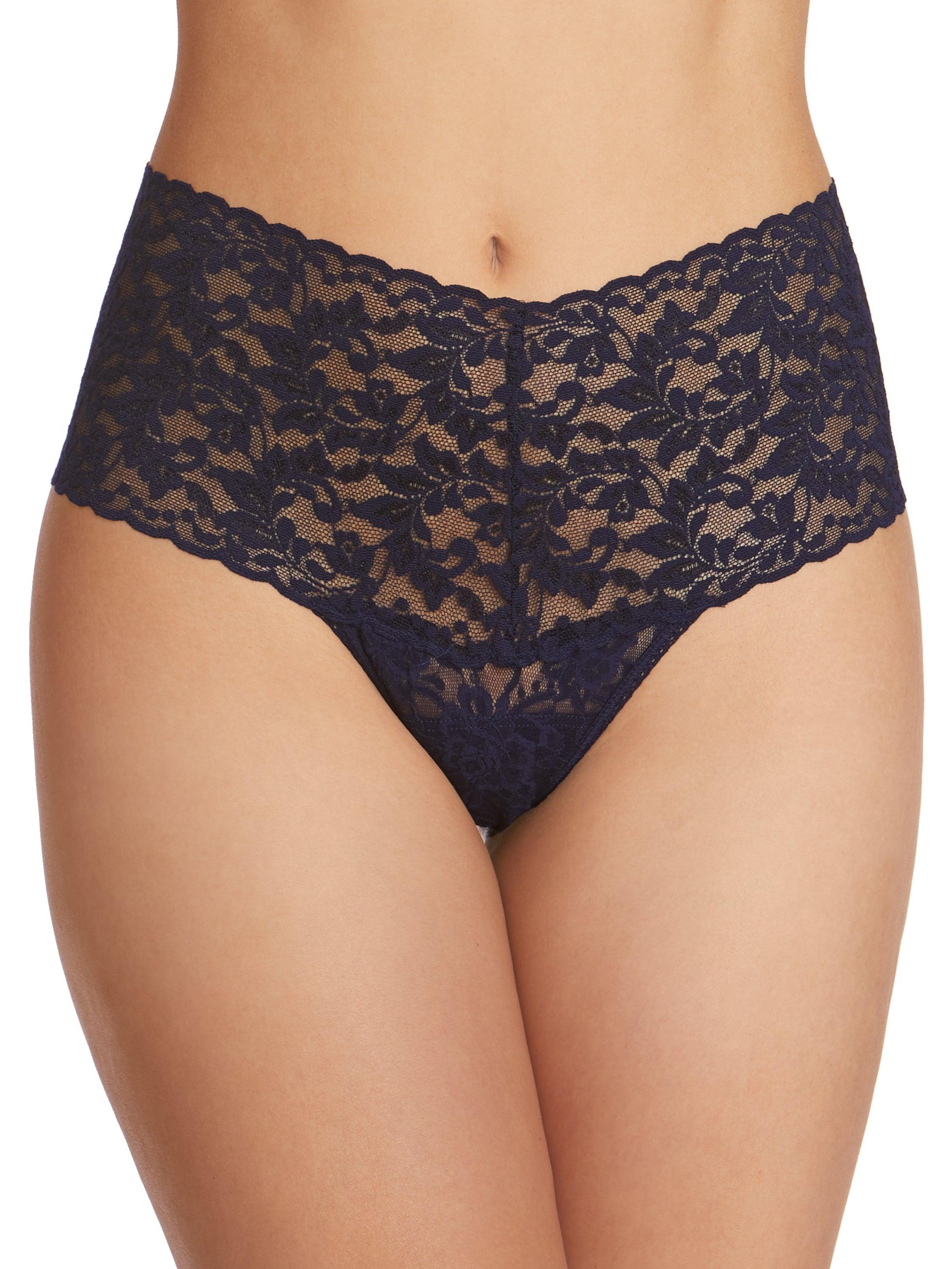 Navy Retro Lace High Rise Thong - Front View On Model, Wide Waistband | Hanky Panky
