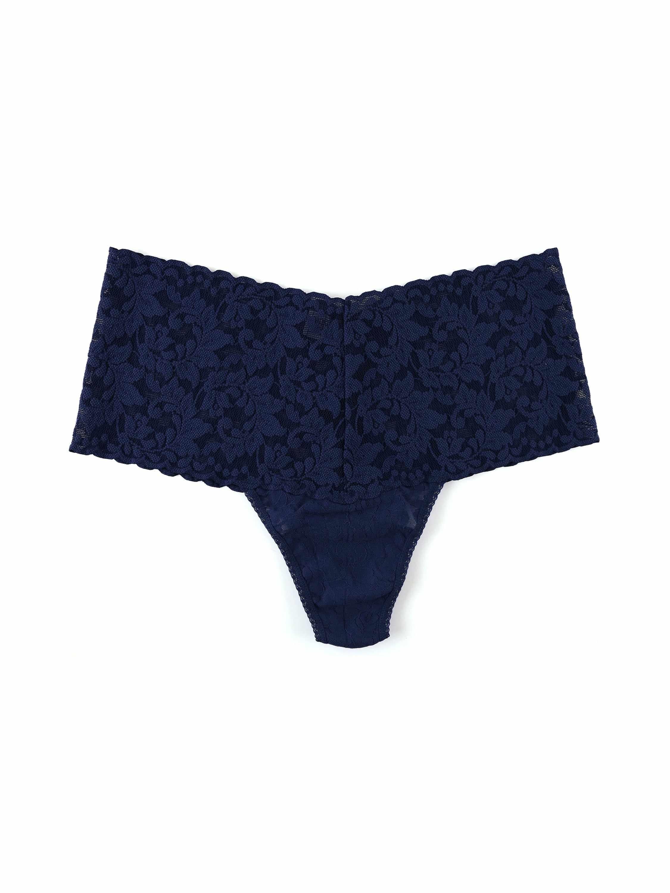 Navy Retro Lace Thong Wide Waistband Detail - Flat Lay, Floral Lace Pattern | Hanky Panky