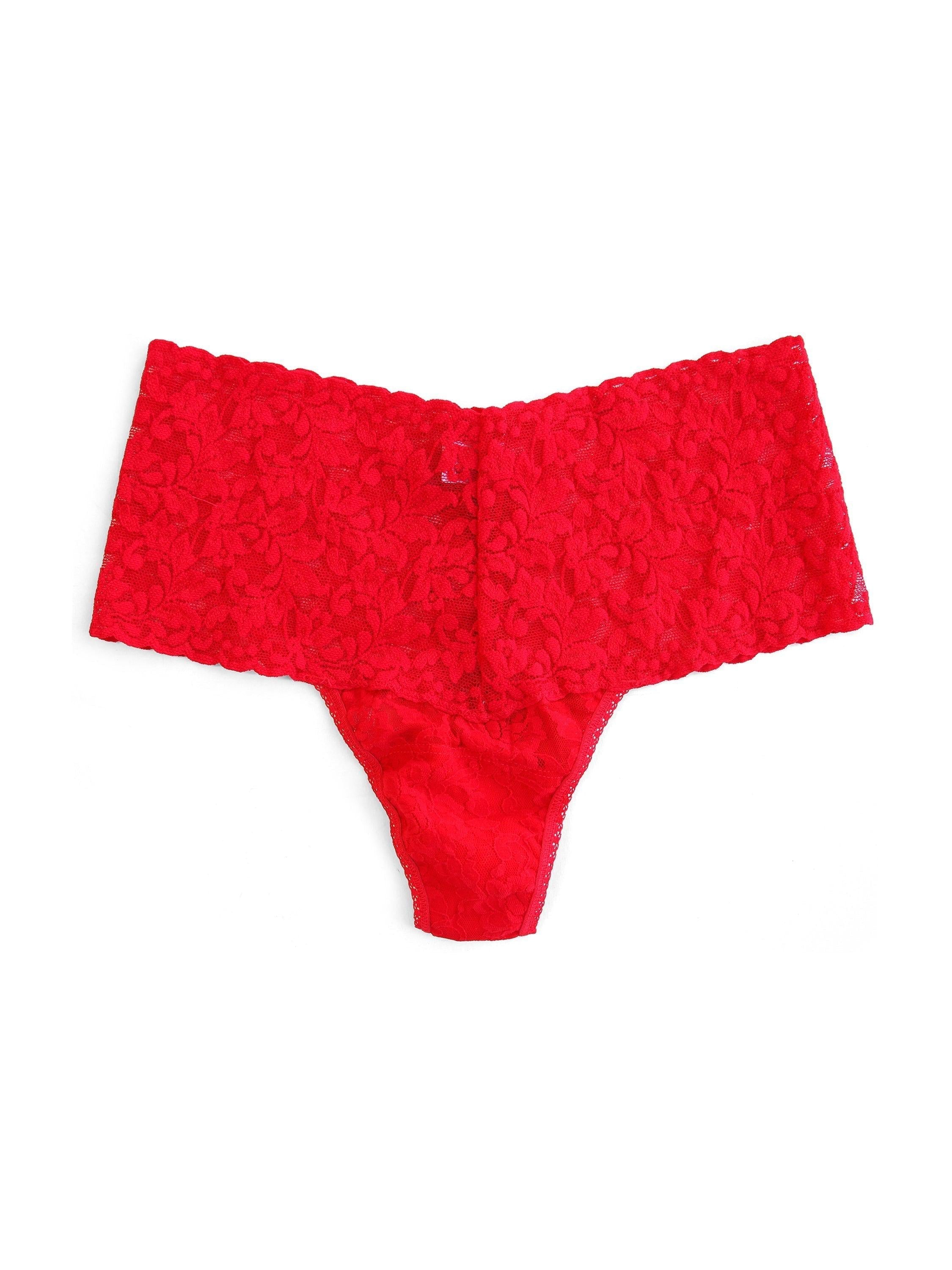 Red Retro Lace Thong flat lay back view wide scalloped waistband | Hanky Panky