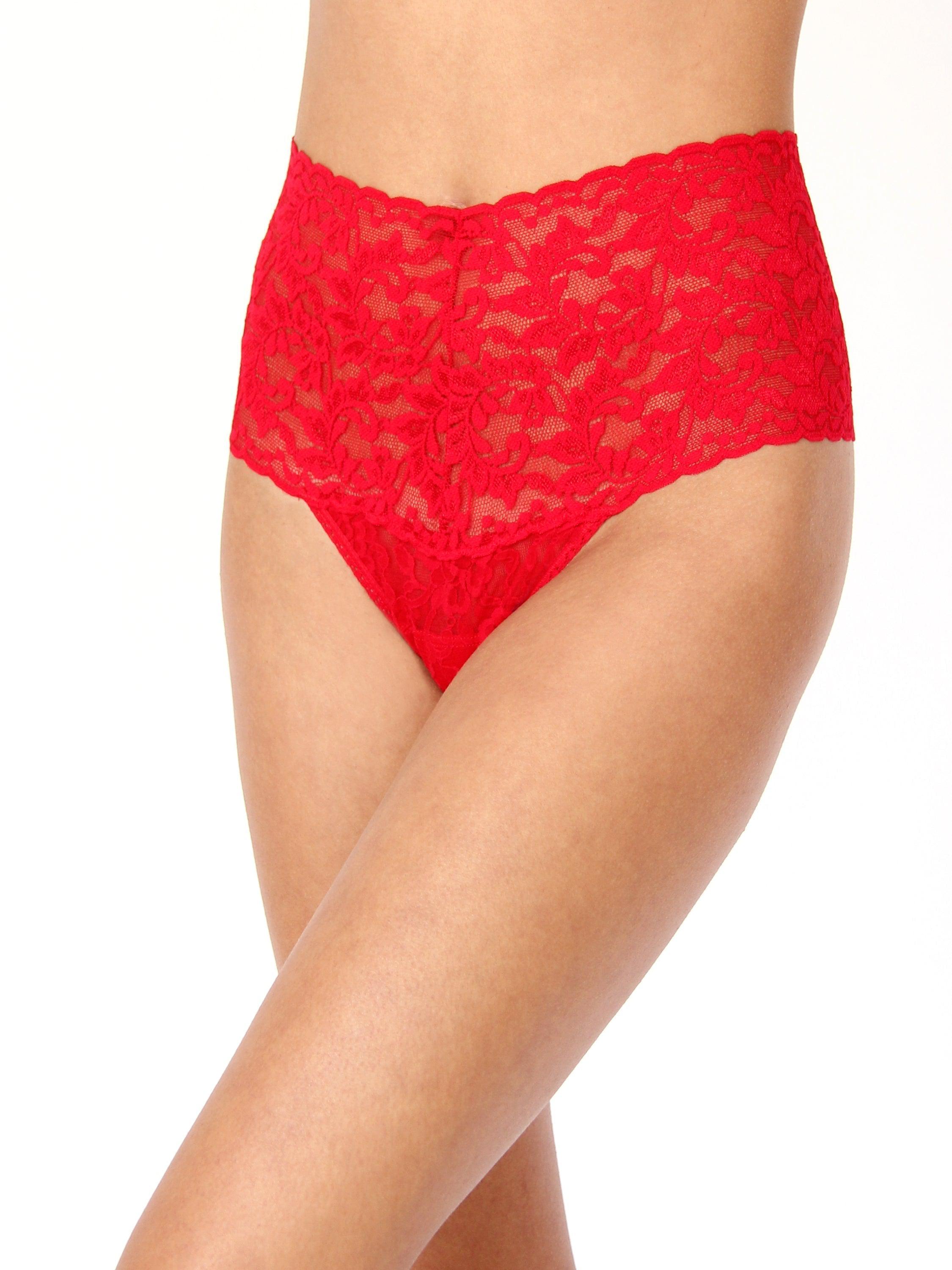 Red Retro Lace Thong on model side angle high-waist floral lace detail | Hanky Panky