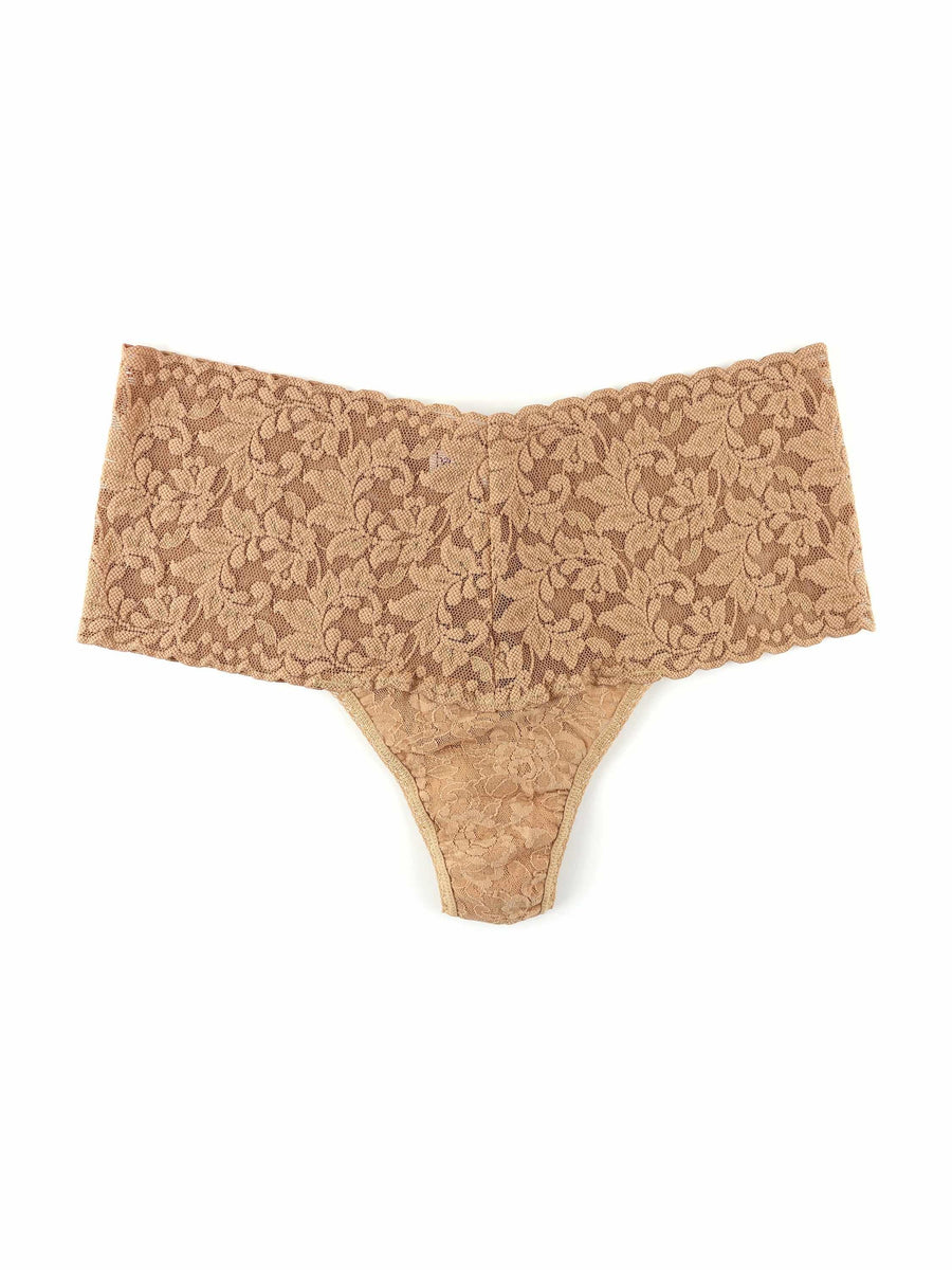 Sun Tan Retro Lace High Rise Thong Wide Waistband - Flat Lay | Hanky Panky