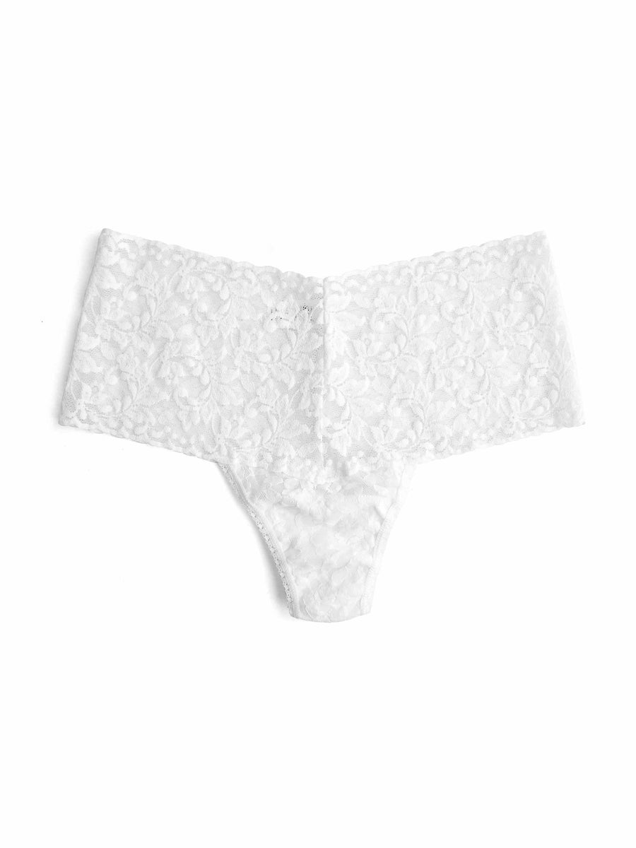 White Retro Lace High Waist Thong - Flat Lay Back View, Floral Lace Detail | Hanky Panky
