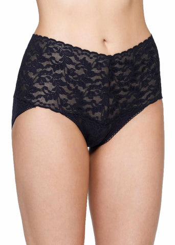 Black Retro Lace V-Kini High-Rise Panty - Front On-Model View, sheer stretch lace | Hanky Panky