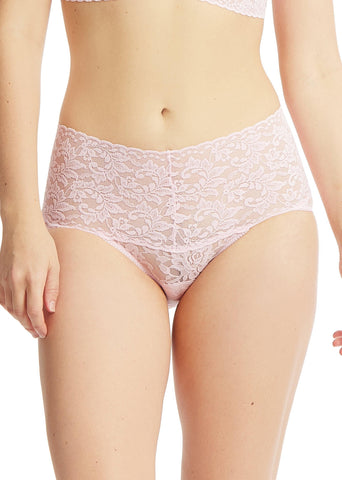 Bliss Pink Retro Lace V-Kini High-Rise Panty - Front View On Model | Hanky Panky