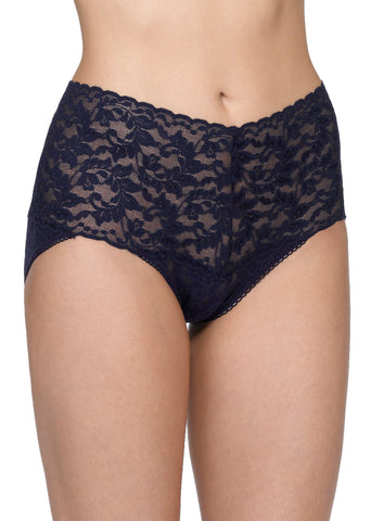 Navy Retro Lace V-Kini High-Rise Panty - Front On-Model View, Wide Lacy Waistband | Hanky Panky