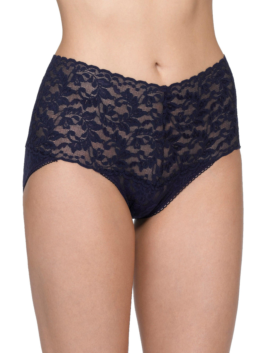 Navy Retro Lace V-Kini High-Rise Panty - Front On-Model View | Hanky Panky