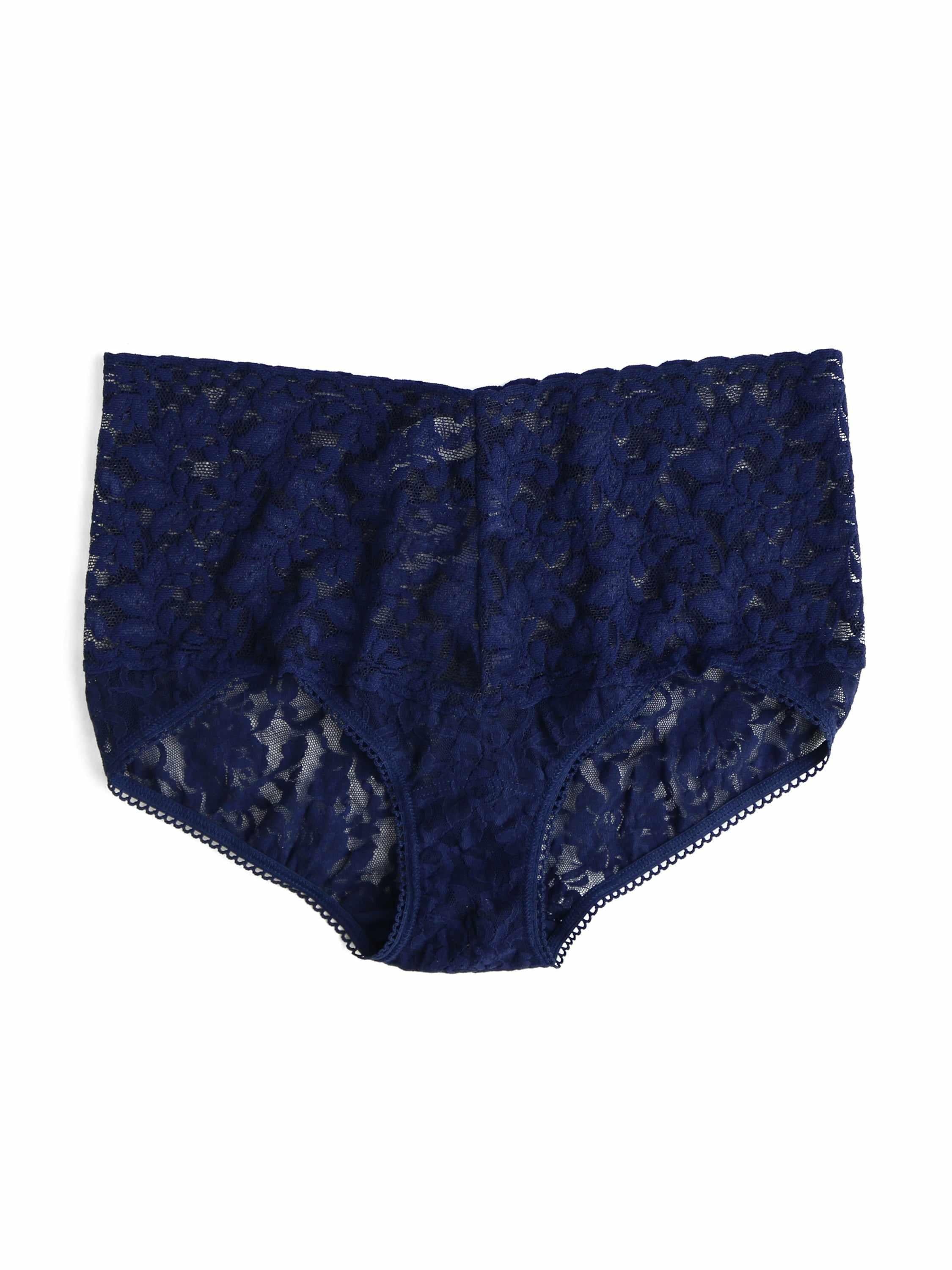 Navy Retro Lace V-Kini Full-Coverage Panty - Flat Lay Back View | Hanky Panky