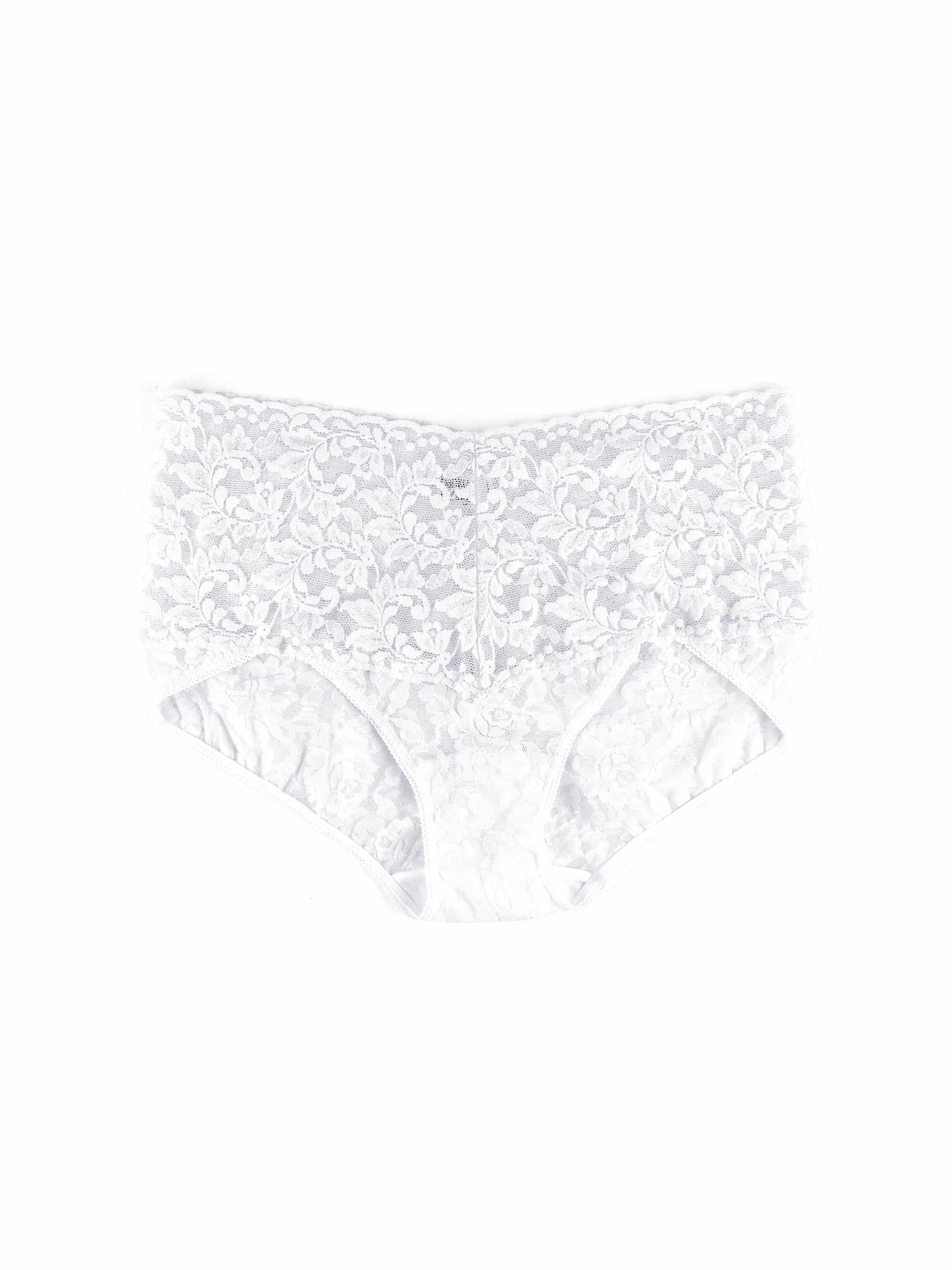 White Retro Lace V-Kini high-rise panty flat lay, wide lace waistband detail | Hanky Panky