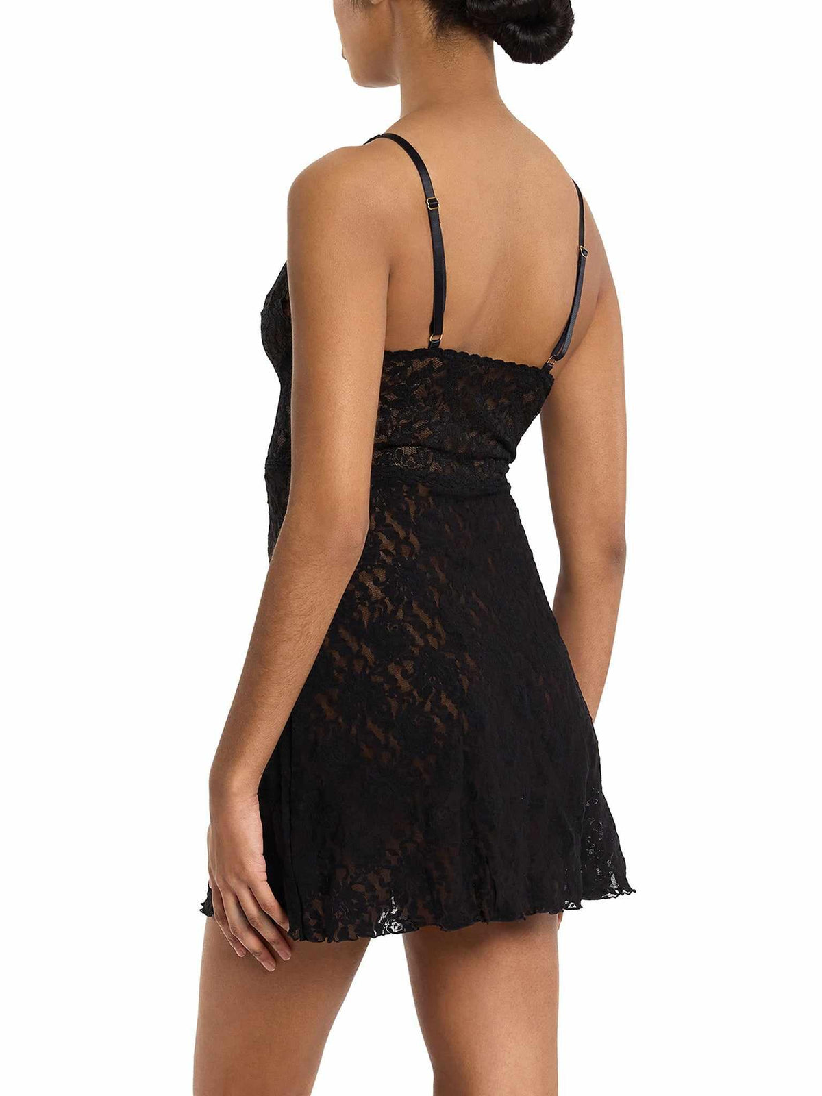 Retro Plunge Chemise Black - Back Three-Quarter View, Sheer Lace Skirt | Hanky Panky