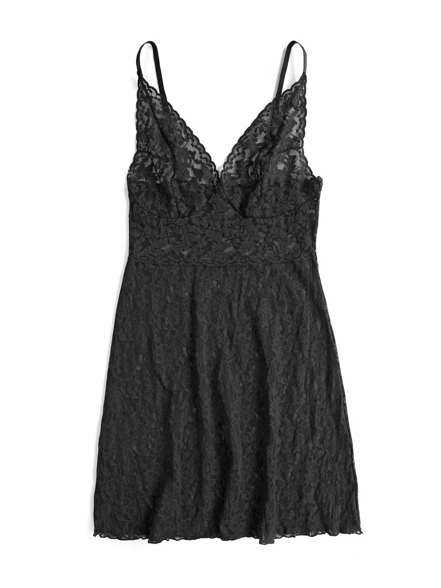 Retro Plunge Chemise Black - Flat Lay, Black Lace Chemise Full Length | Hanky Panky