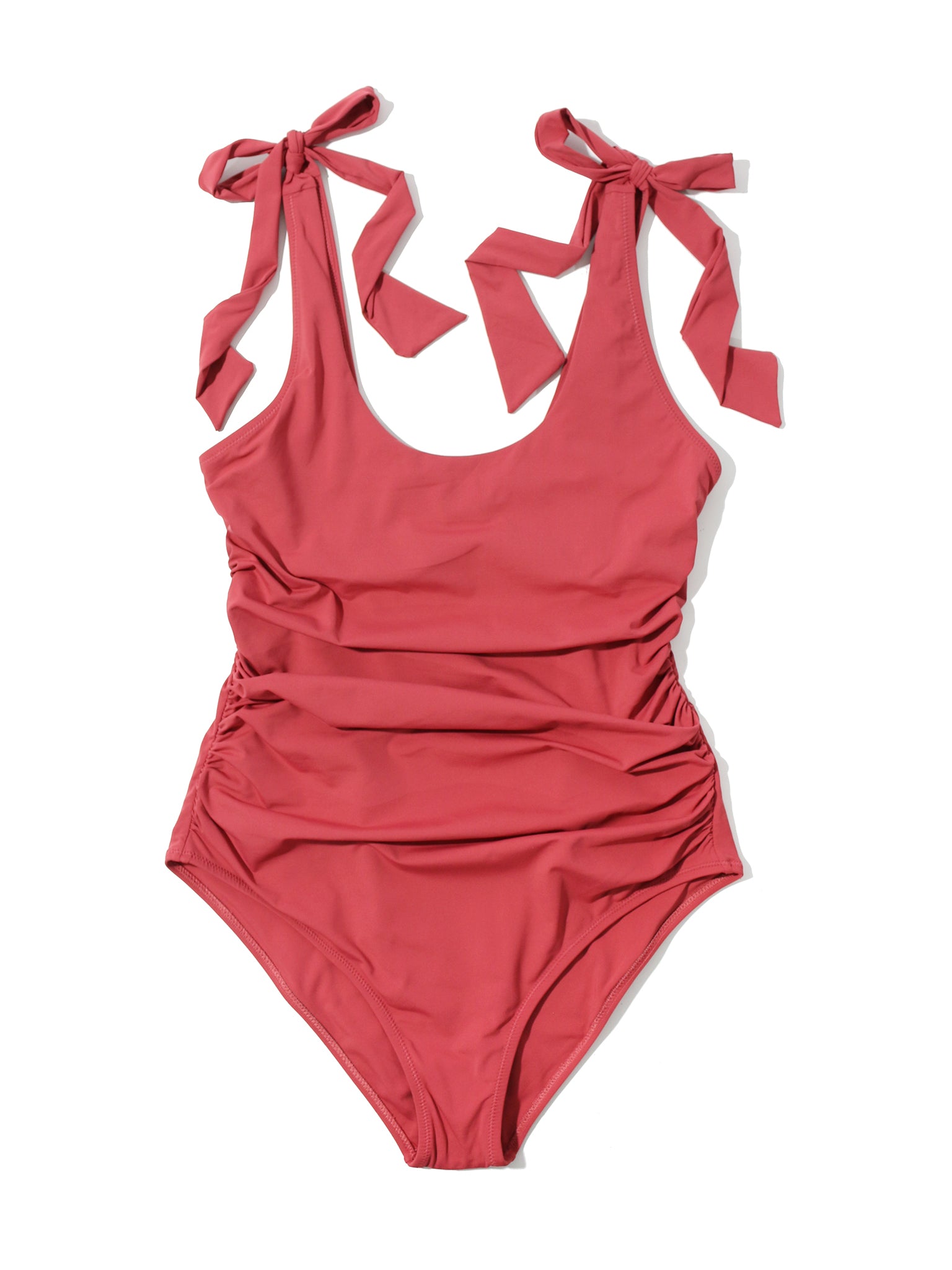 Sunbaked Red Ruched Bow One Piece Swimsuit - Flat Lay with Shoulder Tie Detail | Hanky Panky