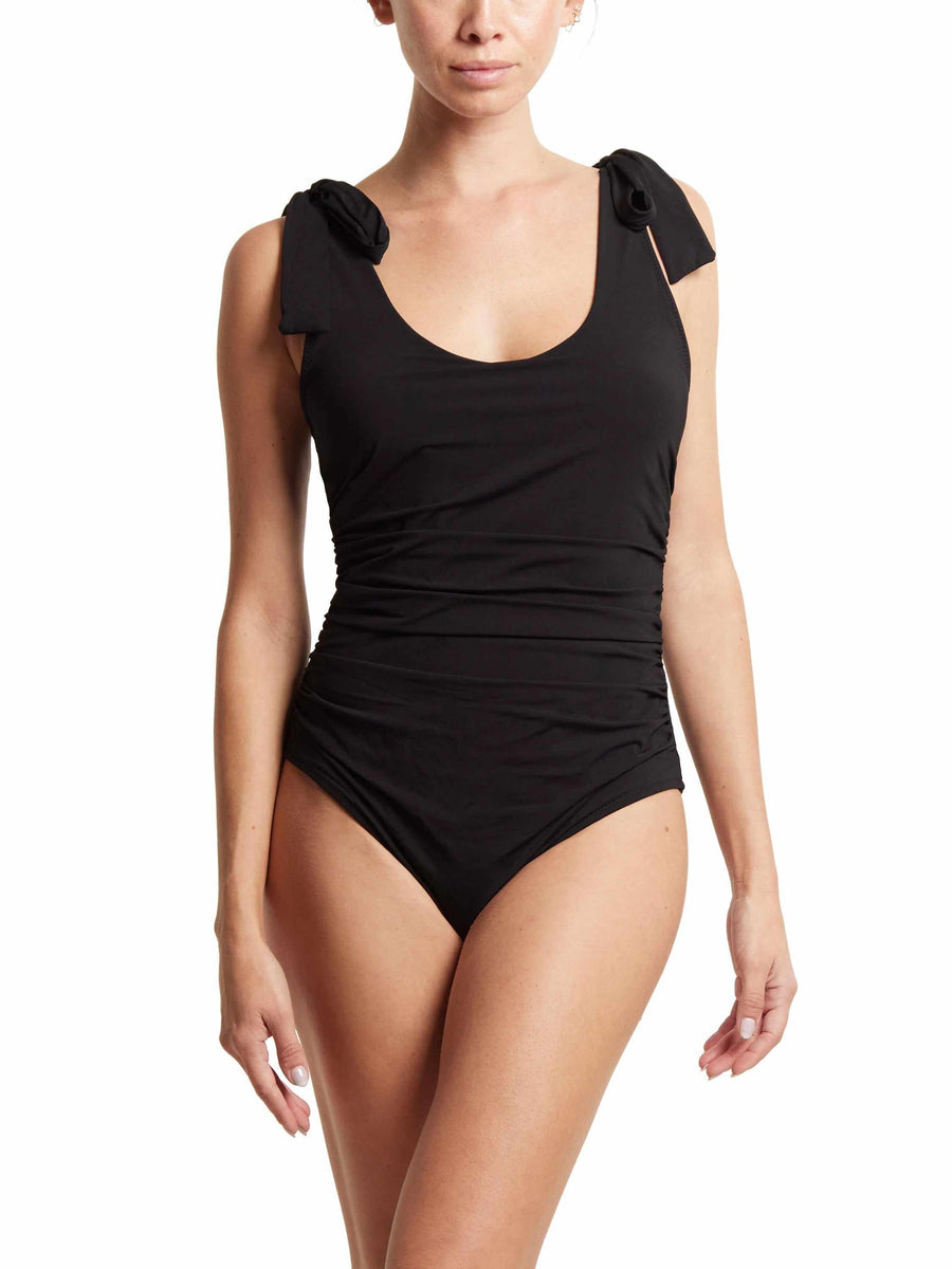 Black Ruched Bow One Piece Swimsuit - Front On Model | Hanky Panky