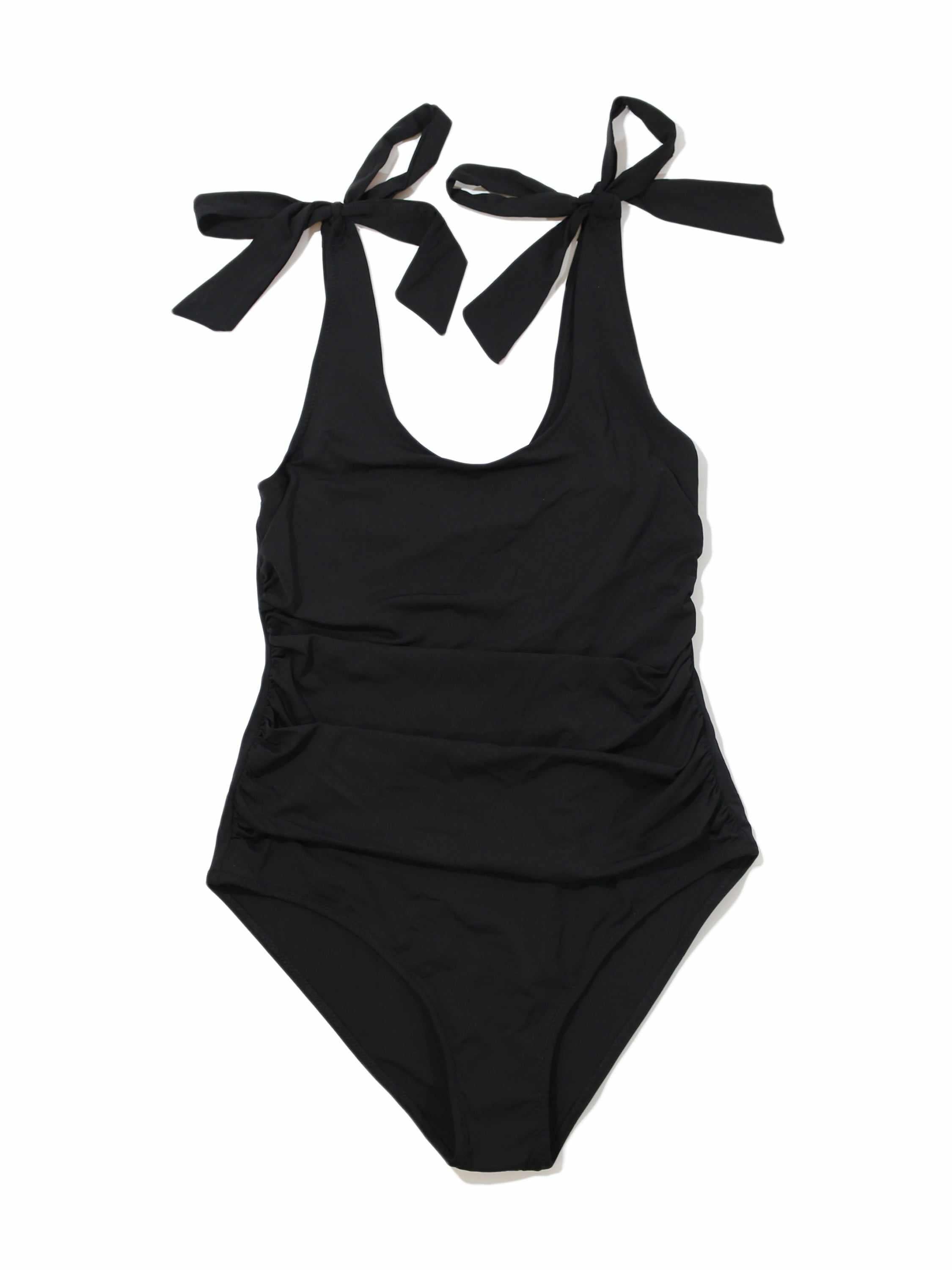 Black Bow One Piece Swimsuit with Shoulder Ties - Flat Lay | Hanky Panky