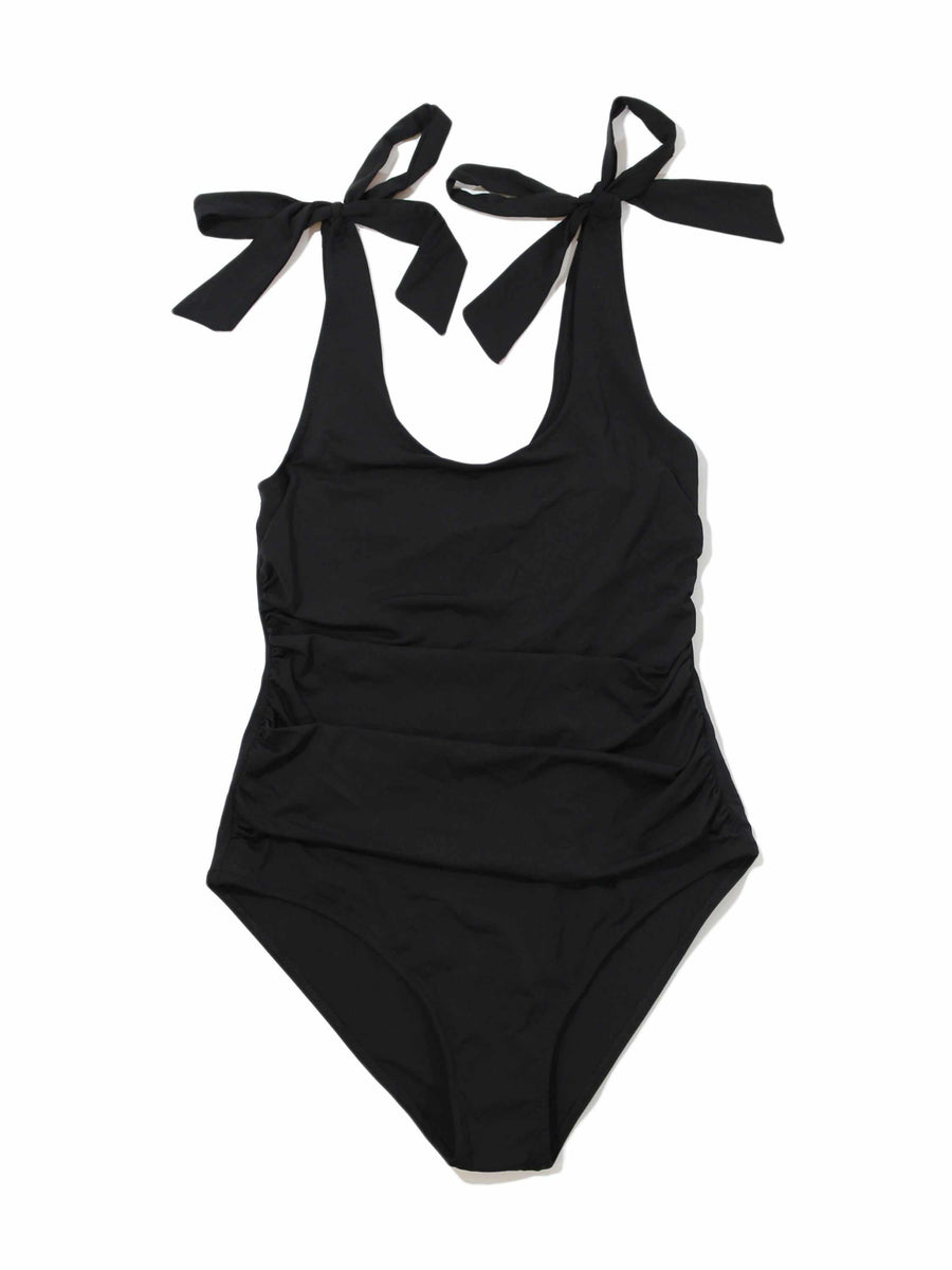 Black Bow One Piece Swimsuit with Shoulder Ties - Flat Lay | Hanky Panky