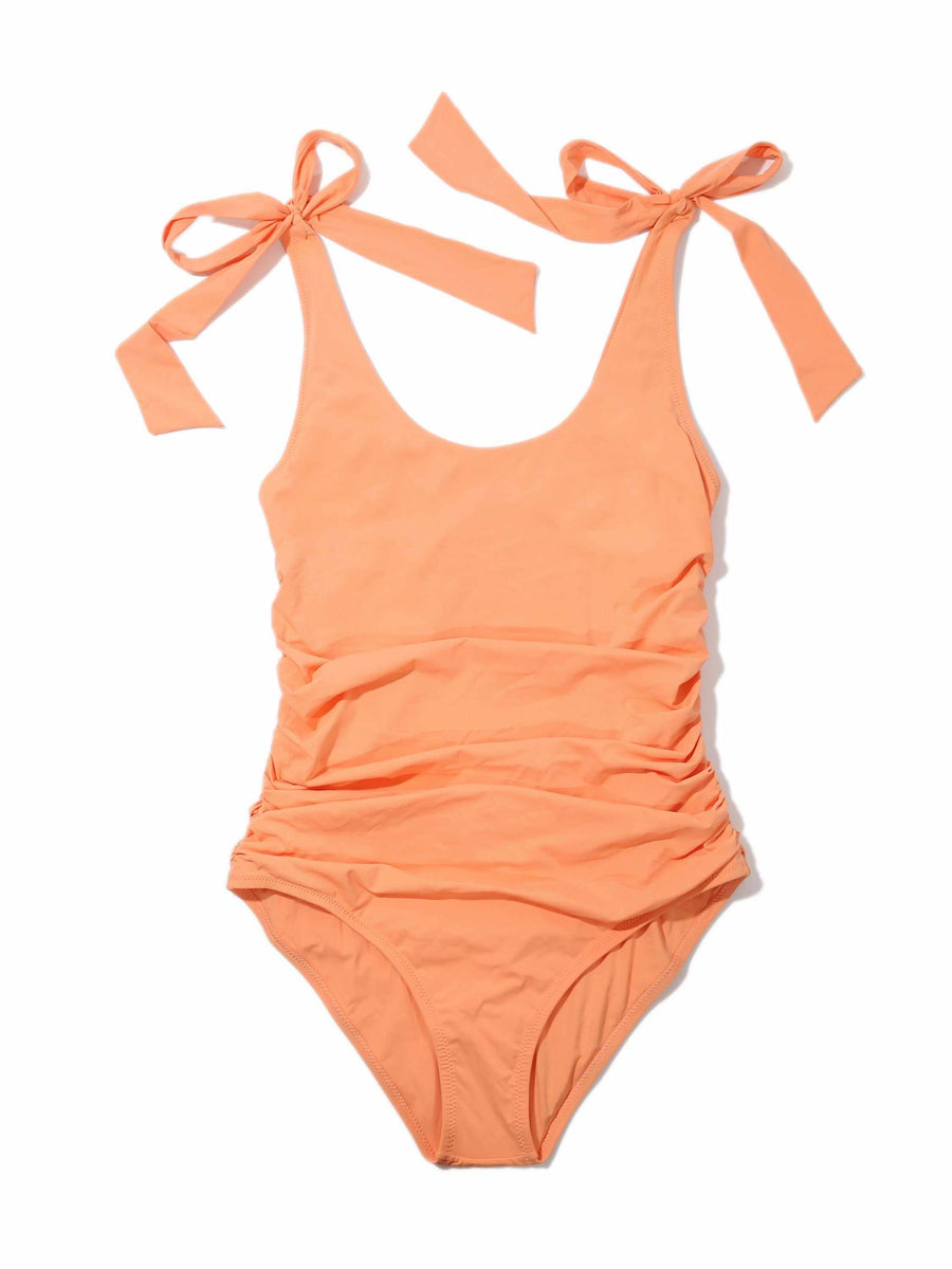 Florence Orange Ruched Bow One Piece Swimsuit with Tie Straps - Flat Lay | Hanky Panky