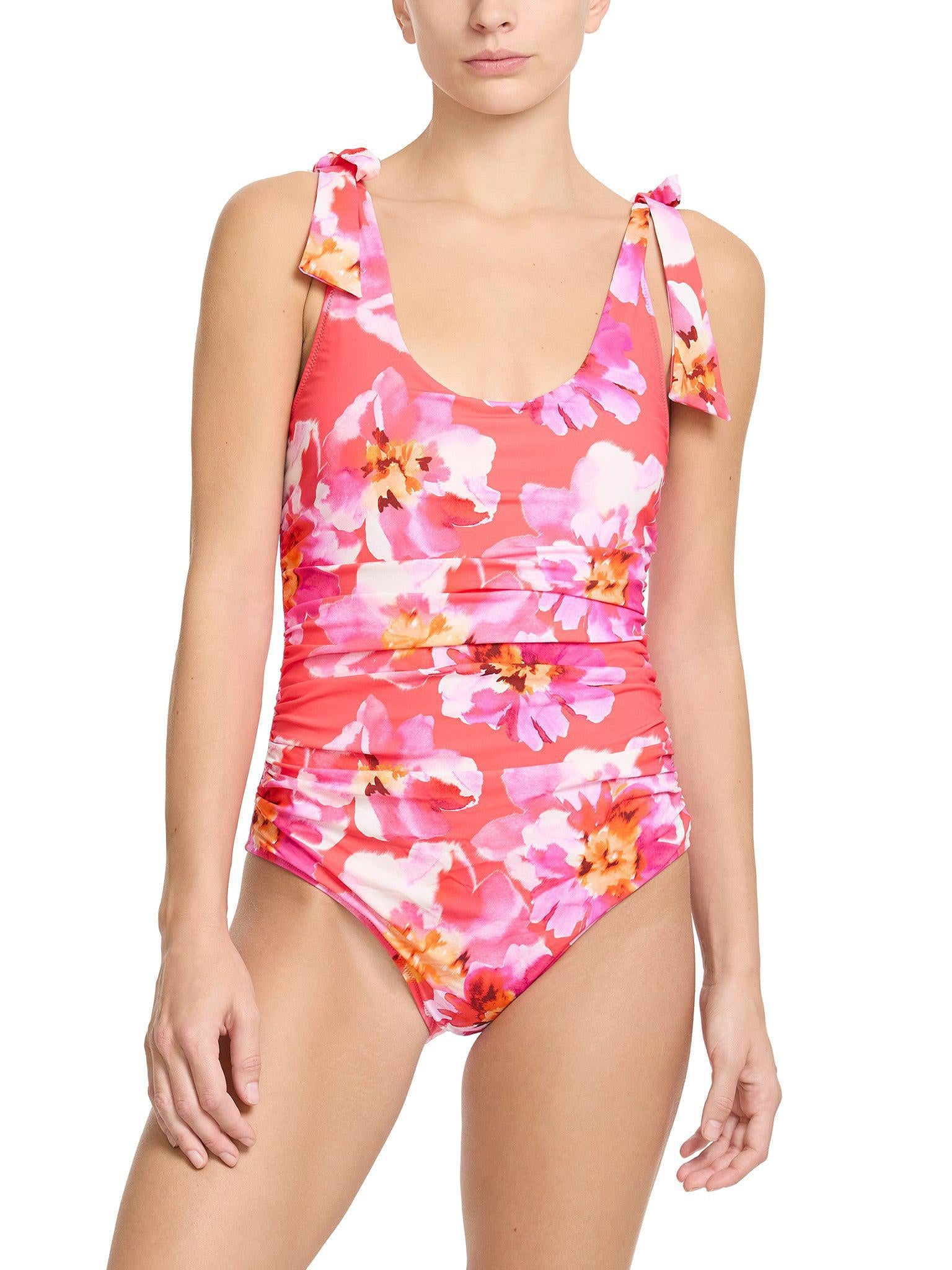 Ruched Bow One Piece Swimsuit Out Of Office Pink Floral - Front View On Model | Hanky Panky