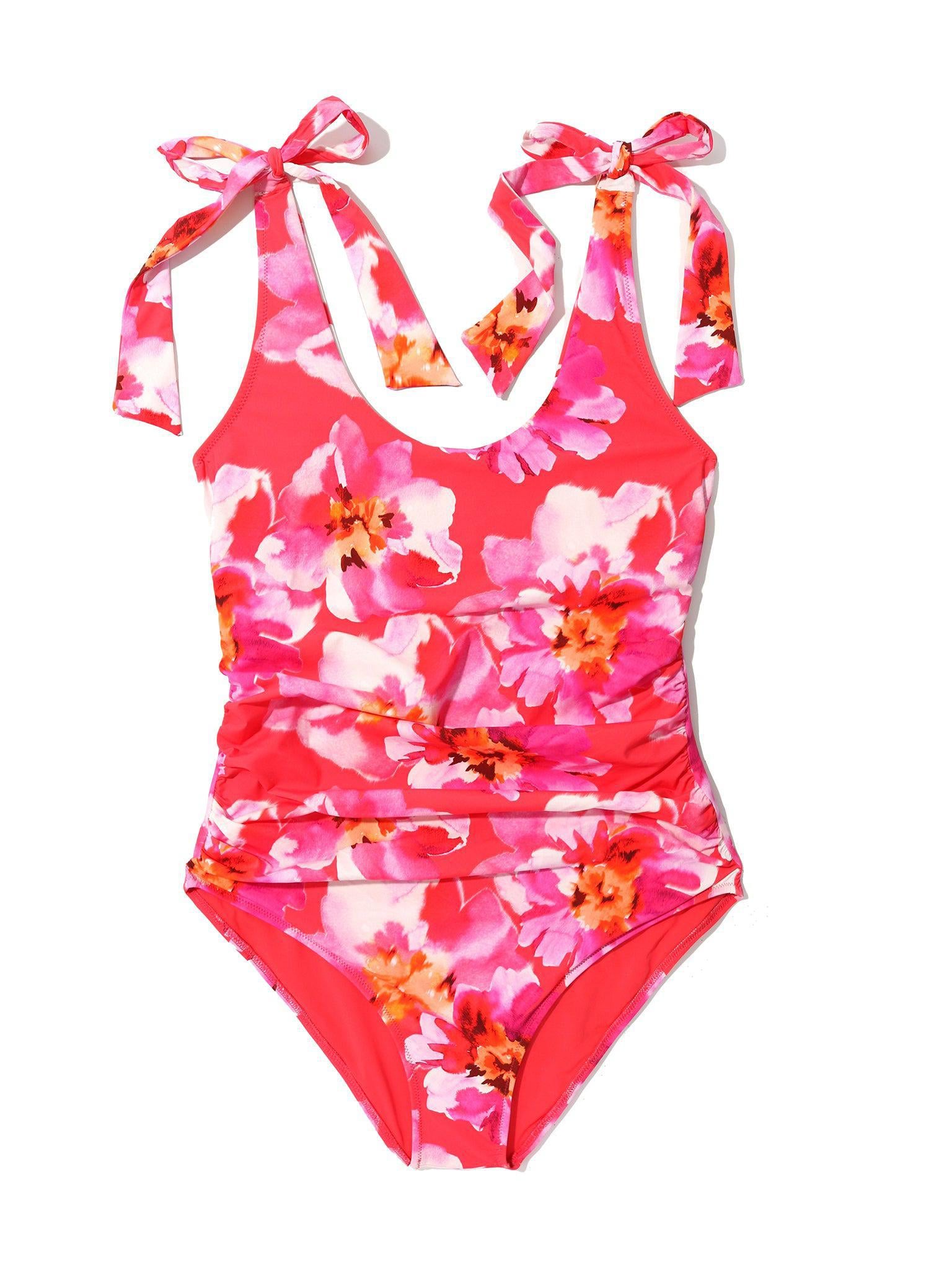 Ruched Bow One Piece Swimsuit Out Of Office Pink Floral Print - Flat Lay, Bow Strap Detail | Hanky Panky