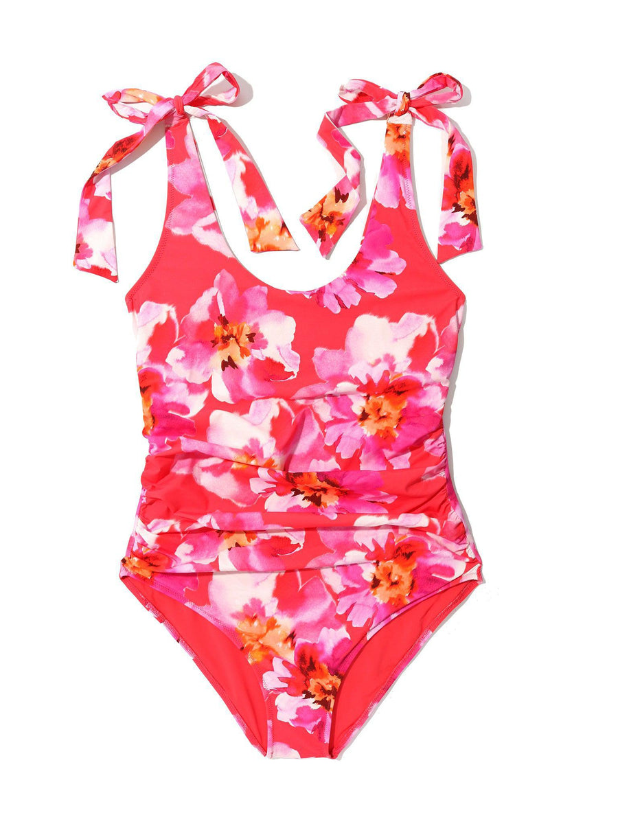 Ruched Bow One Piece Swimsuit Out Of Office Pink Floral Print - Flat Lay, Bow Strap Detail | Hanky Panky