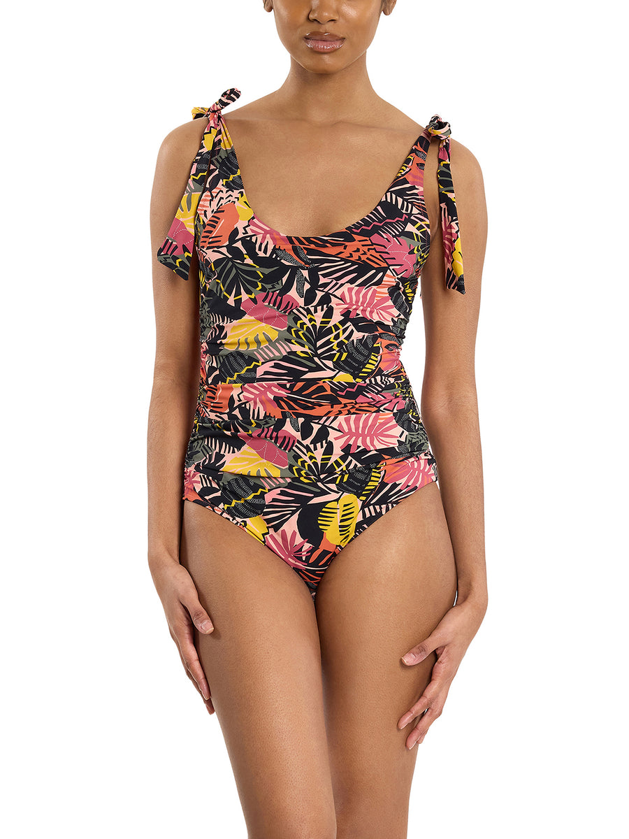 Ruched Bow One Piece Swimsuit Palm Springs tropical print - Front View on Model showing ruched waist | Hanky Panky