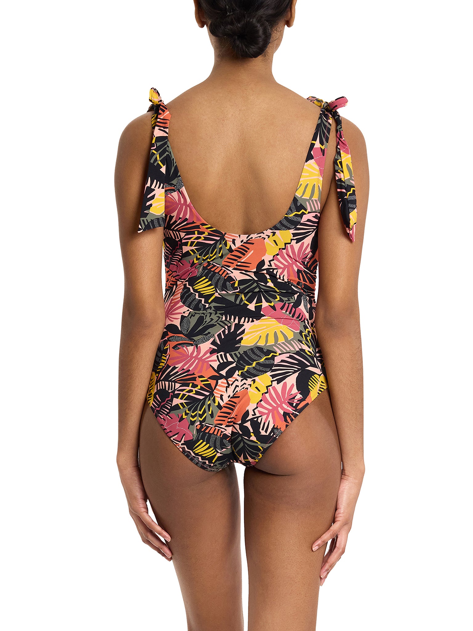 Ruched Bow One Piece Swimsuit Palm Springs tropical print - Back View on Model showing open scoop back | Hanky Panky