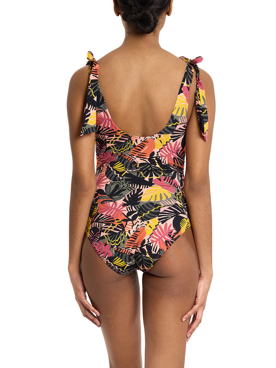 Ruched Bow One Piece Swimsuit Palm Springs tropical print - Back View on Model showing open scoop back | Hanky Panky