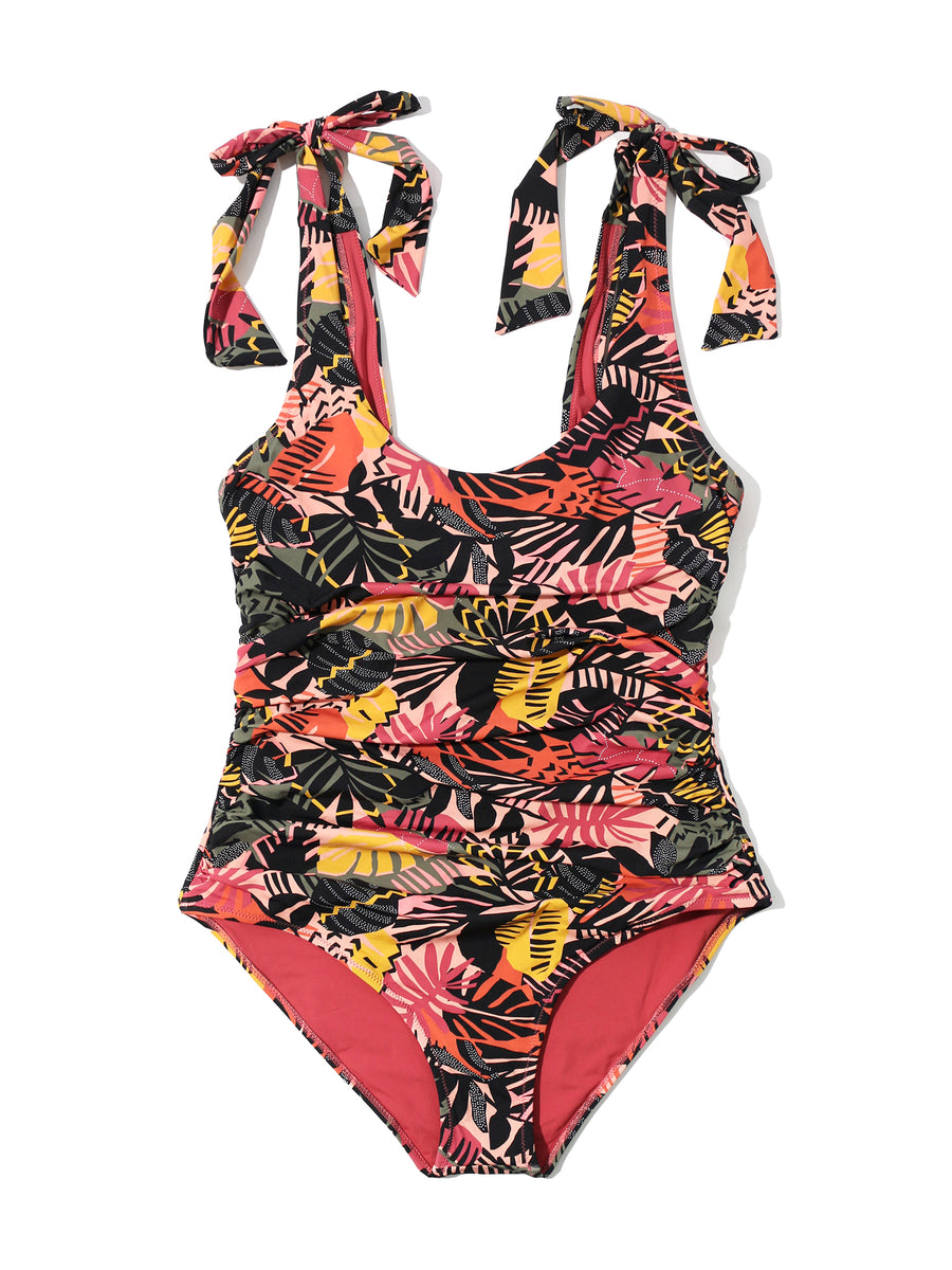 Ruched Bow One Piece Swimsuit Palm Springs tropical print - Flat Lay showing tie-bow straps and ruched detail | Hanky Panky