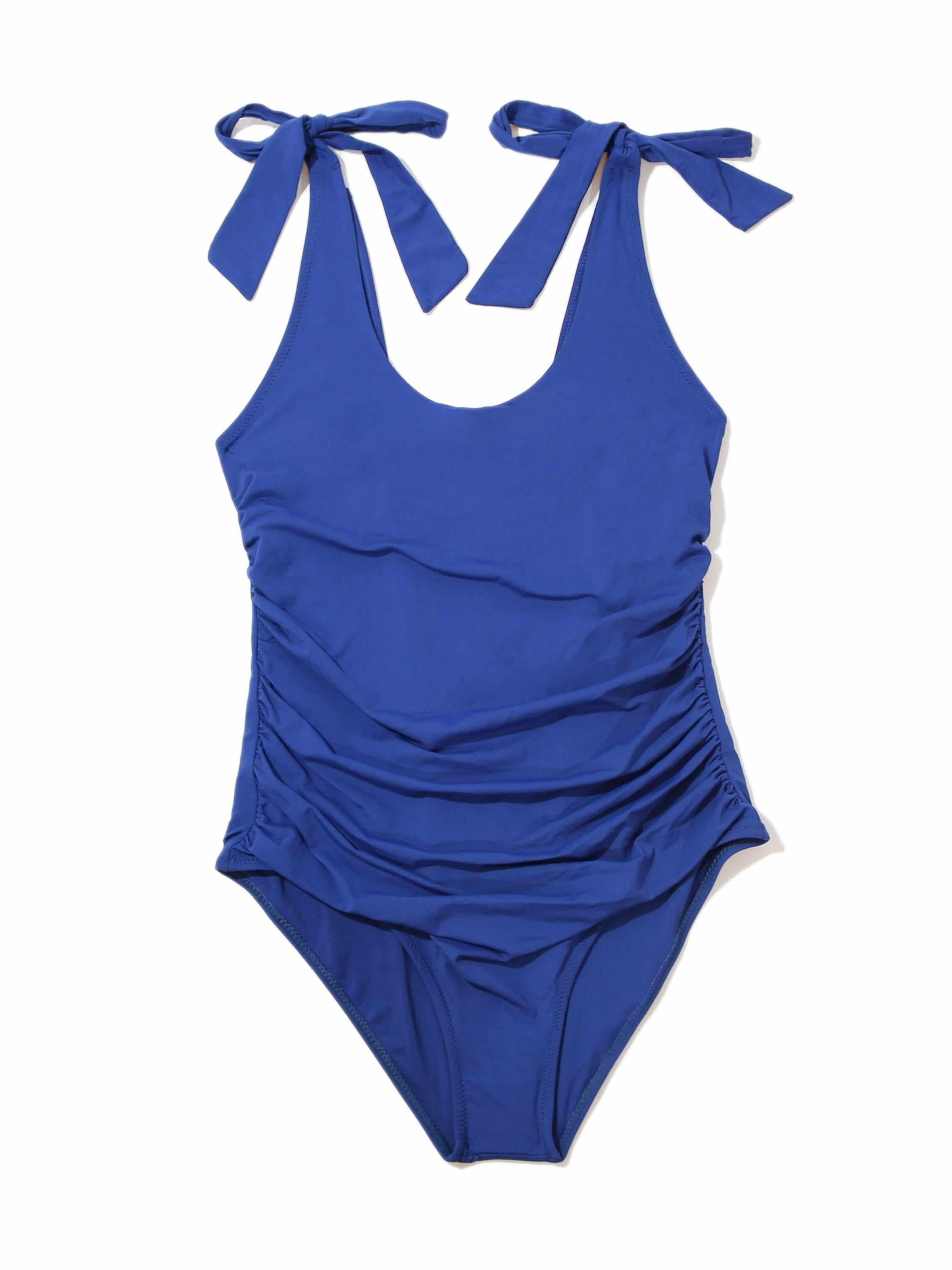 Poolside Blue Ruched Bow One Piece Swimsuit - Flat Lay Showing Tie Bows & Ruched Body | Hanky Panky