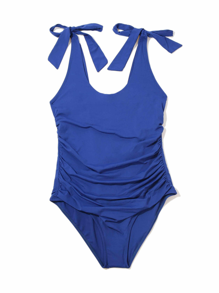 Poolside Blue Ruched Bow One Piece Swimsuit - Flat Lay Showing Tie Bows & Ruched Body | Hanky Panky