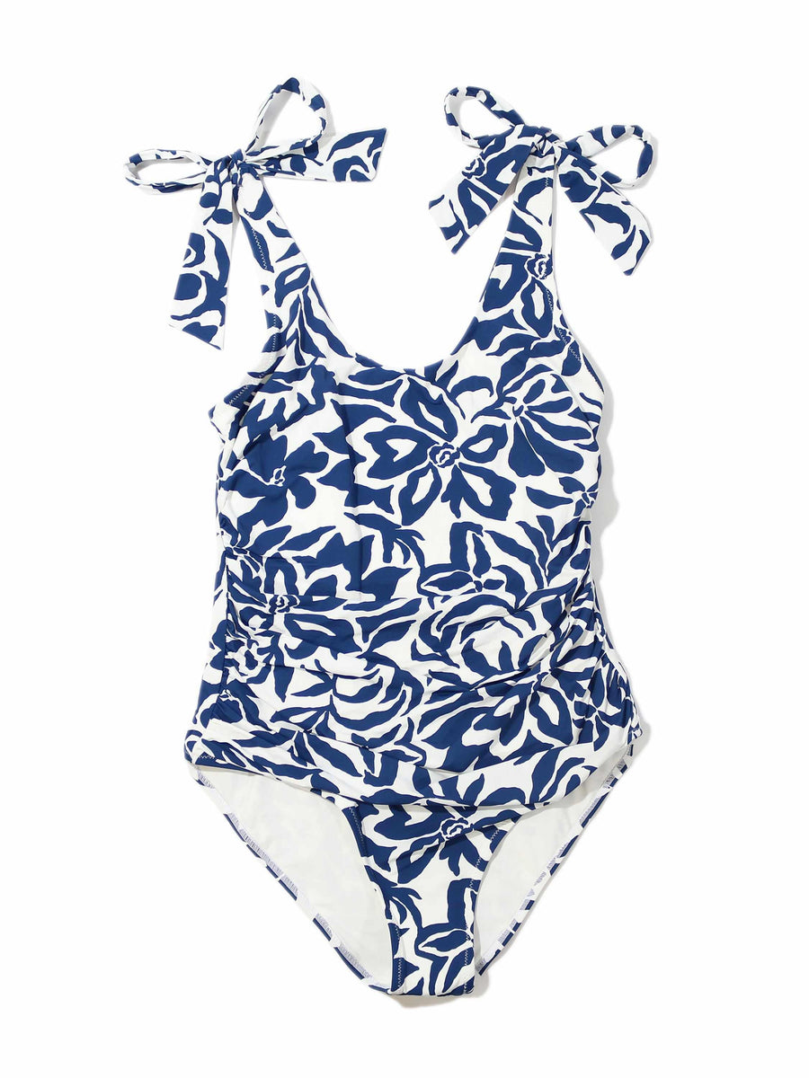 Ruched Bow One Piece Swimsuit in Poolside blue floral print with tie bows - Flat Lay | Hanky Panky