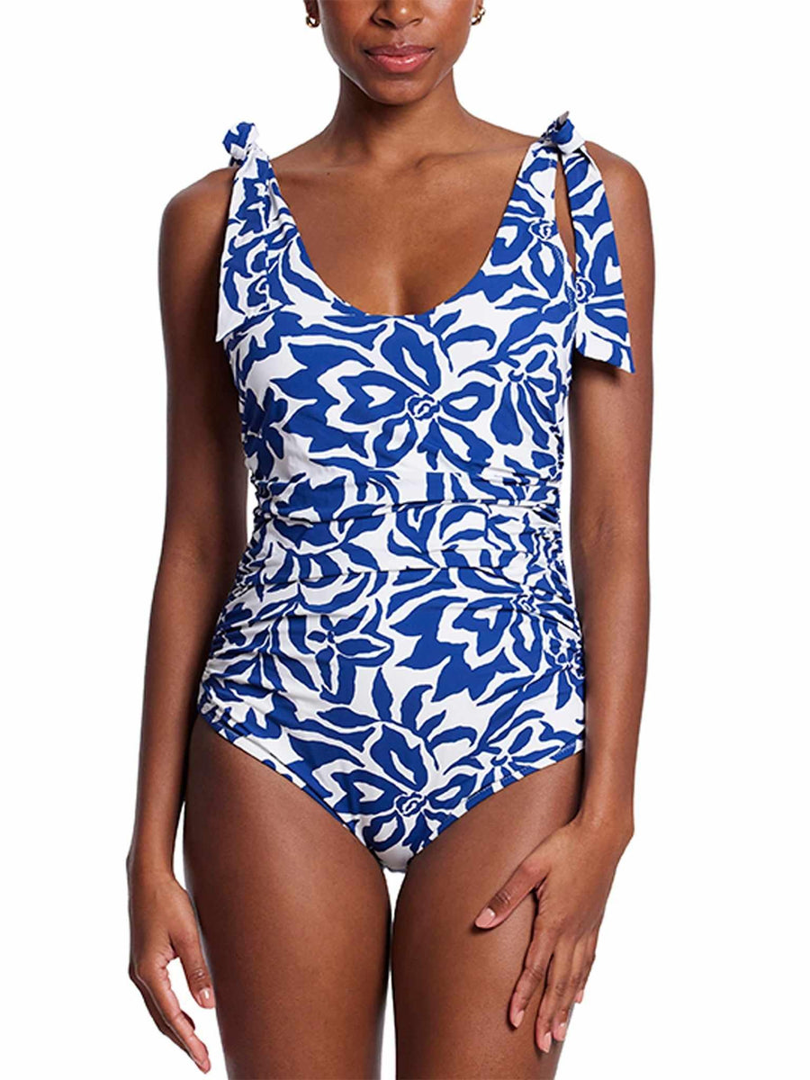 Ruched Bow One Piece Swimsuit in blue floral print with tie-bow shoulders - Front View | Hanky Panky